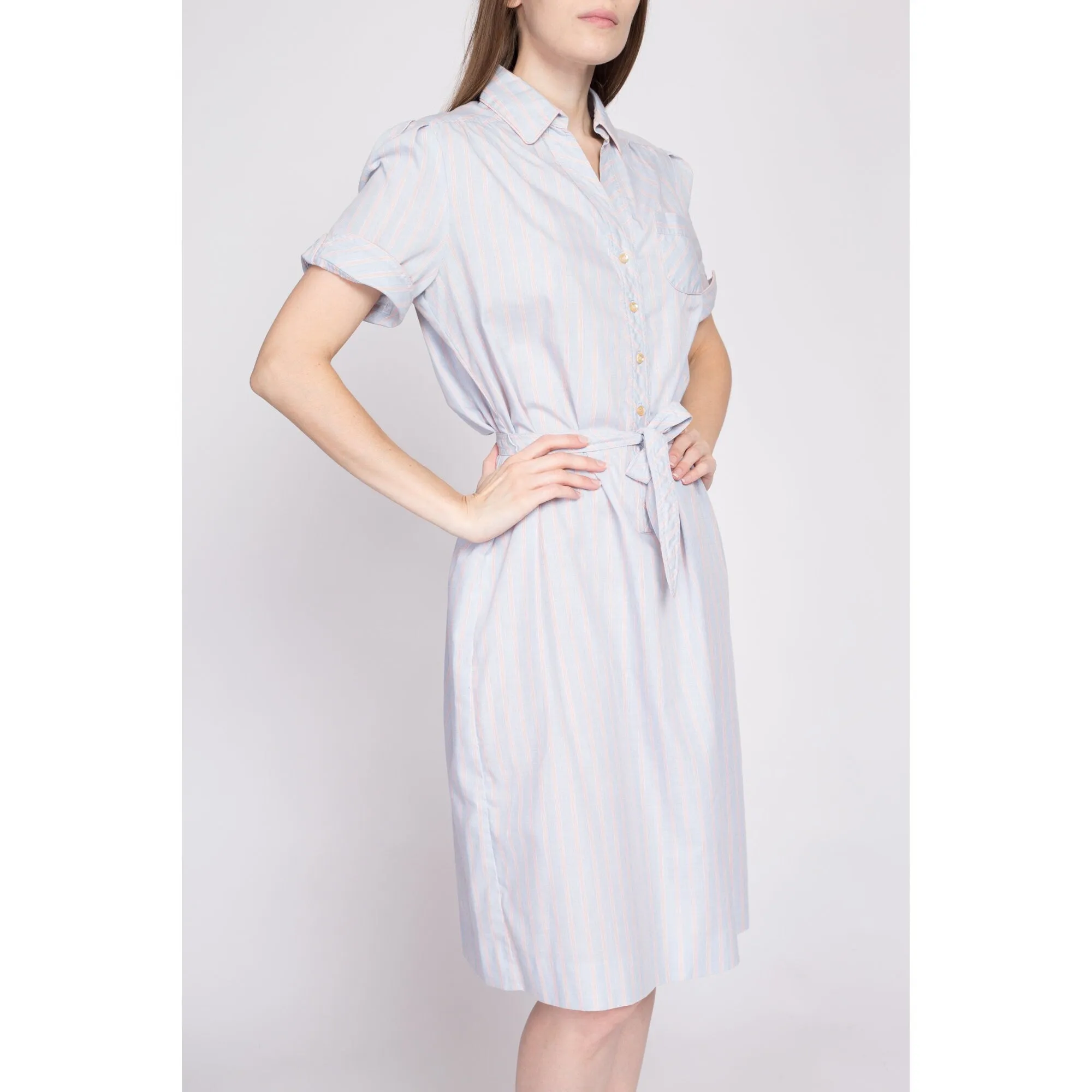 70s Blue Striped Belted Shirtdress - Medium to Large