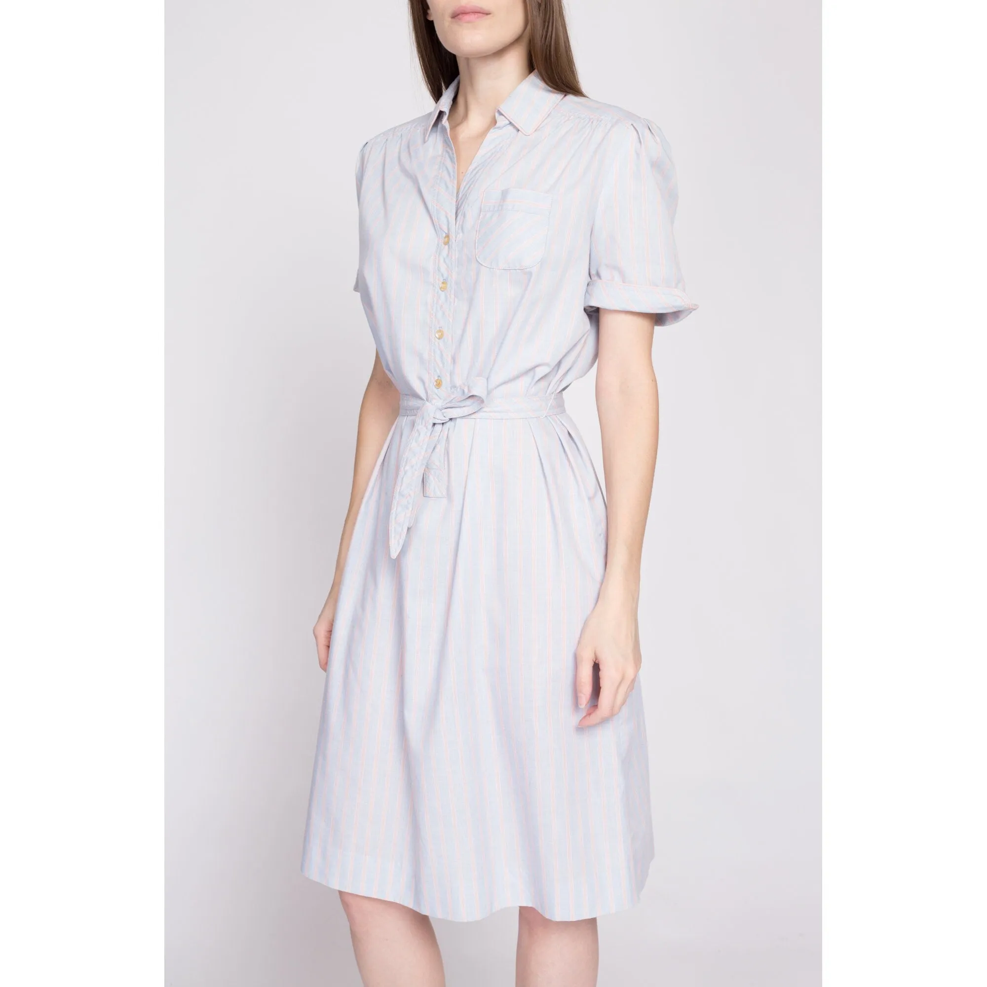 70s Blue Striped Belted Shirtdress - Medium to Large