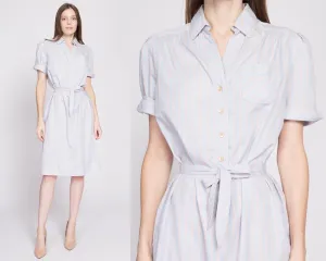 70s Blue Striped Belted Shirtdress - Medium to Large