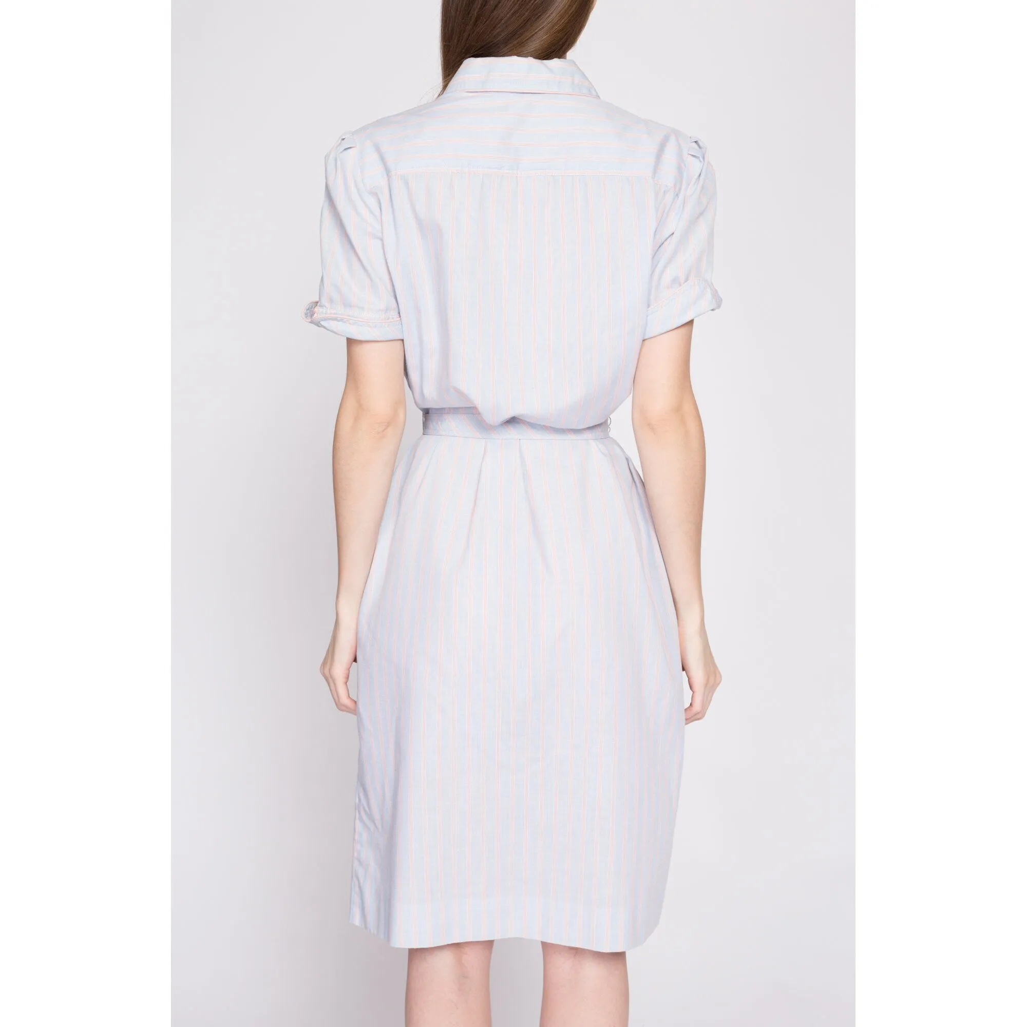 70s Blue Striped Belted Shirtdress - Medium to Large