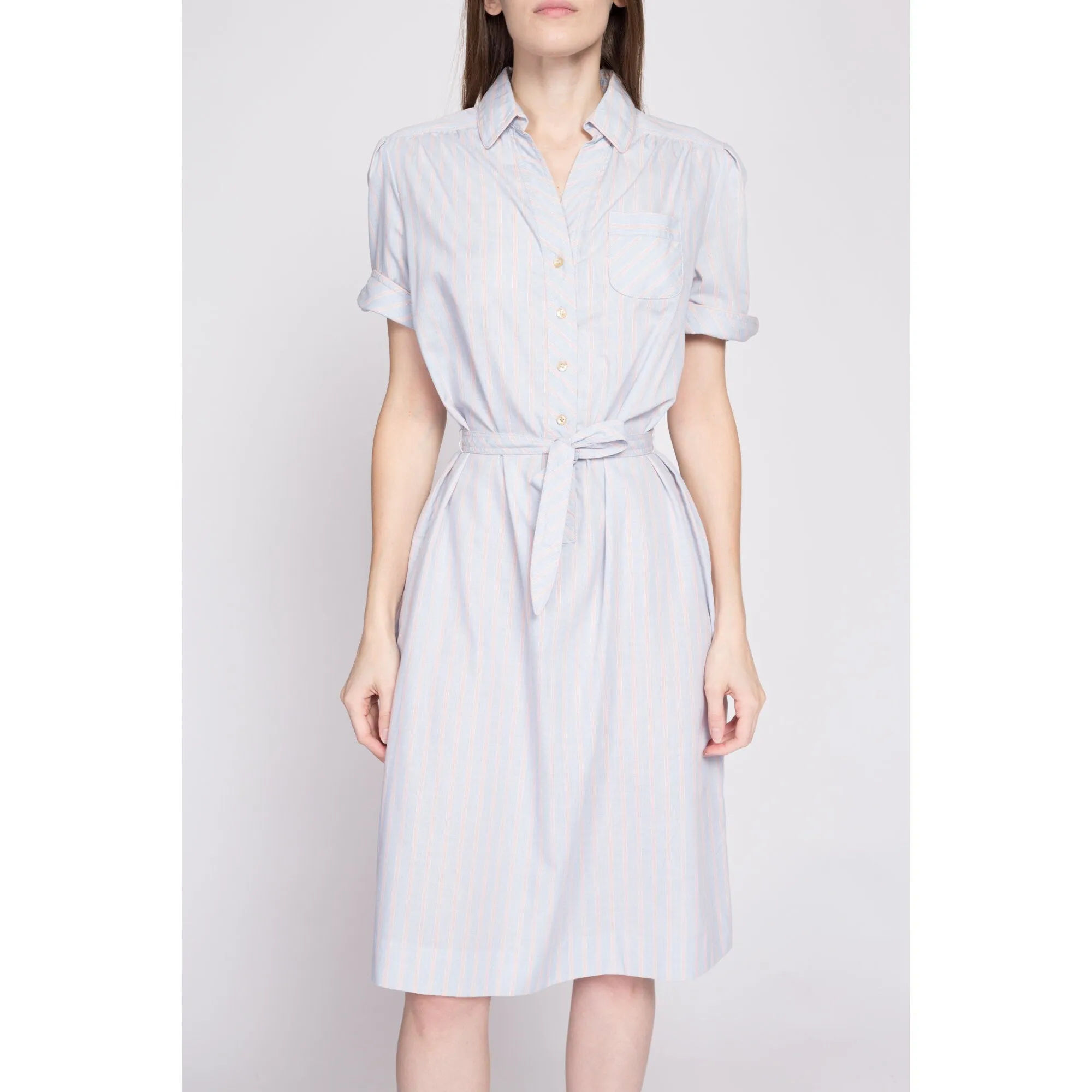 70s Blue Striped Belted Shirtdress - Medium to Large
