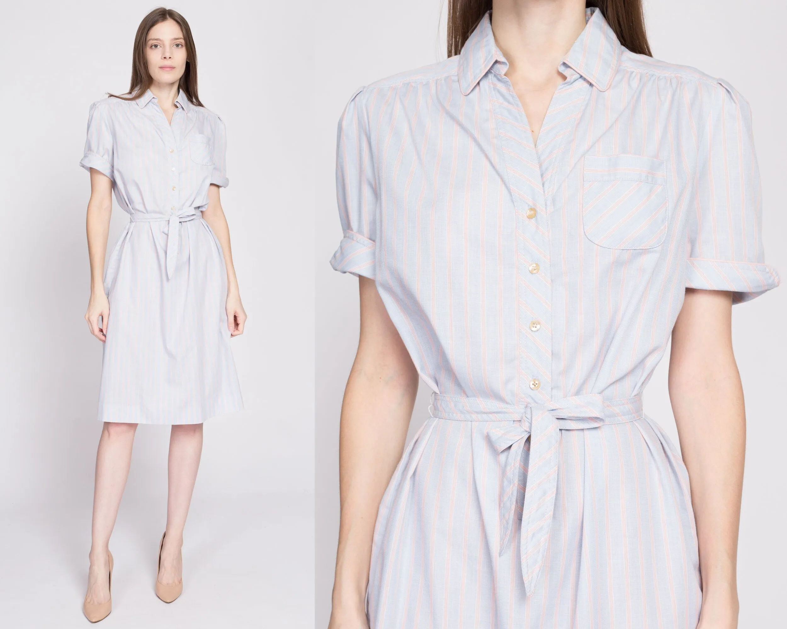 70s Blue Striped Belted Shirtdress - Medium to Large