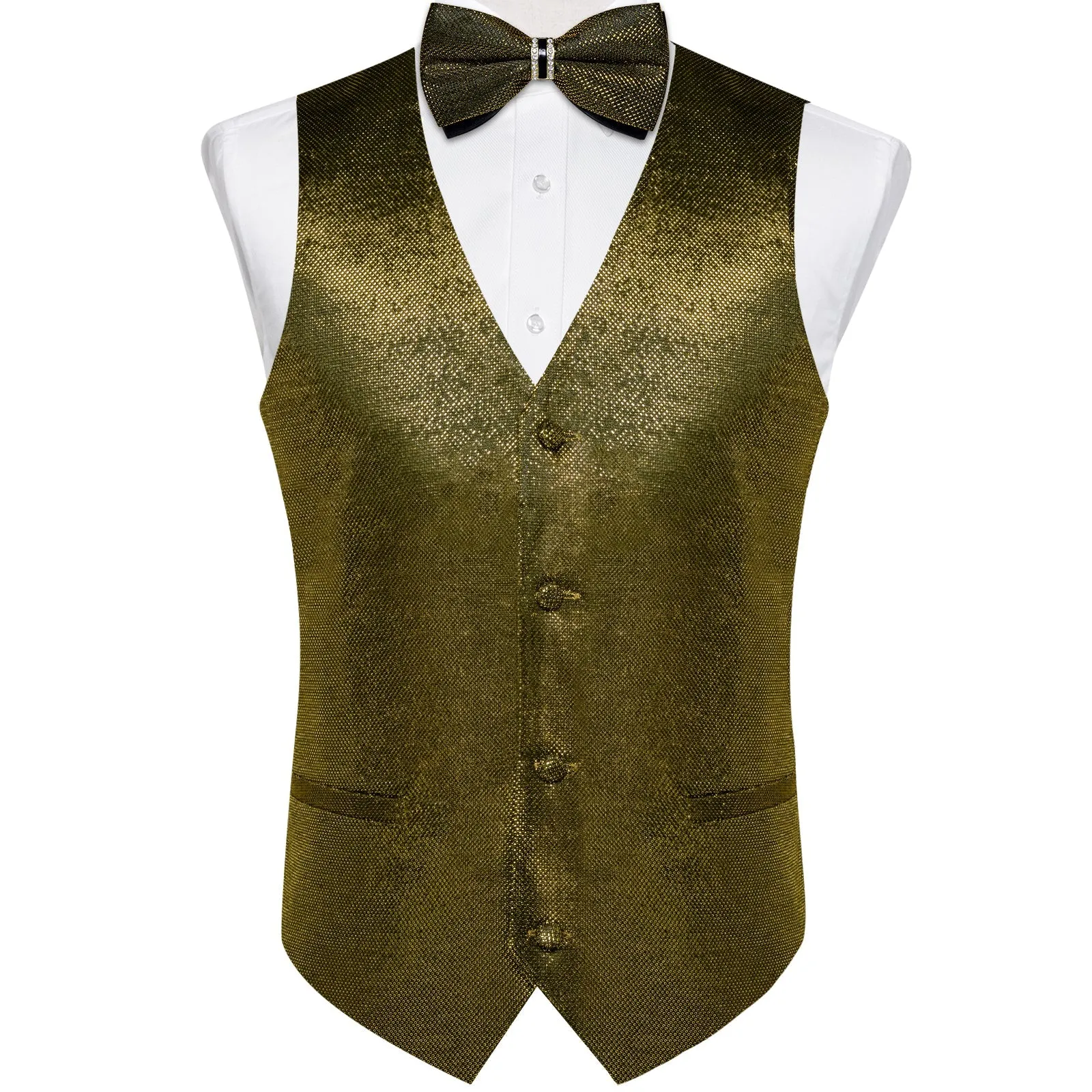Army Green Solid Shiny Men's Vest Bowtie Hanky Cufflinks Set Waistcoat Suit Set