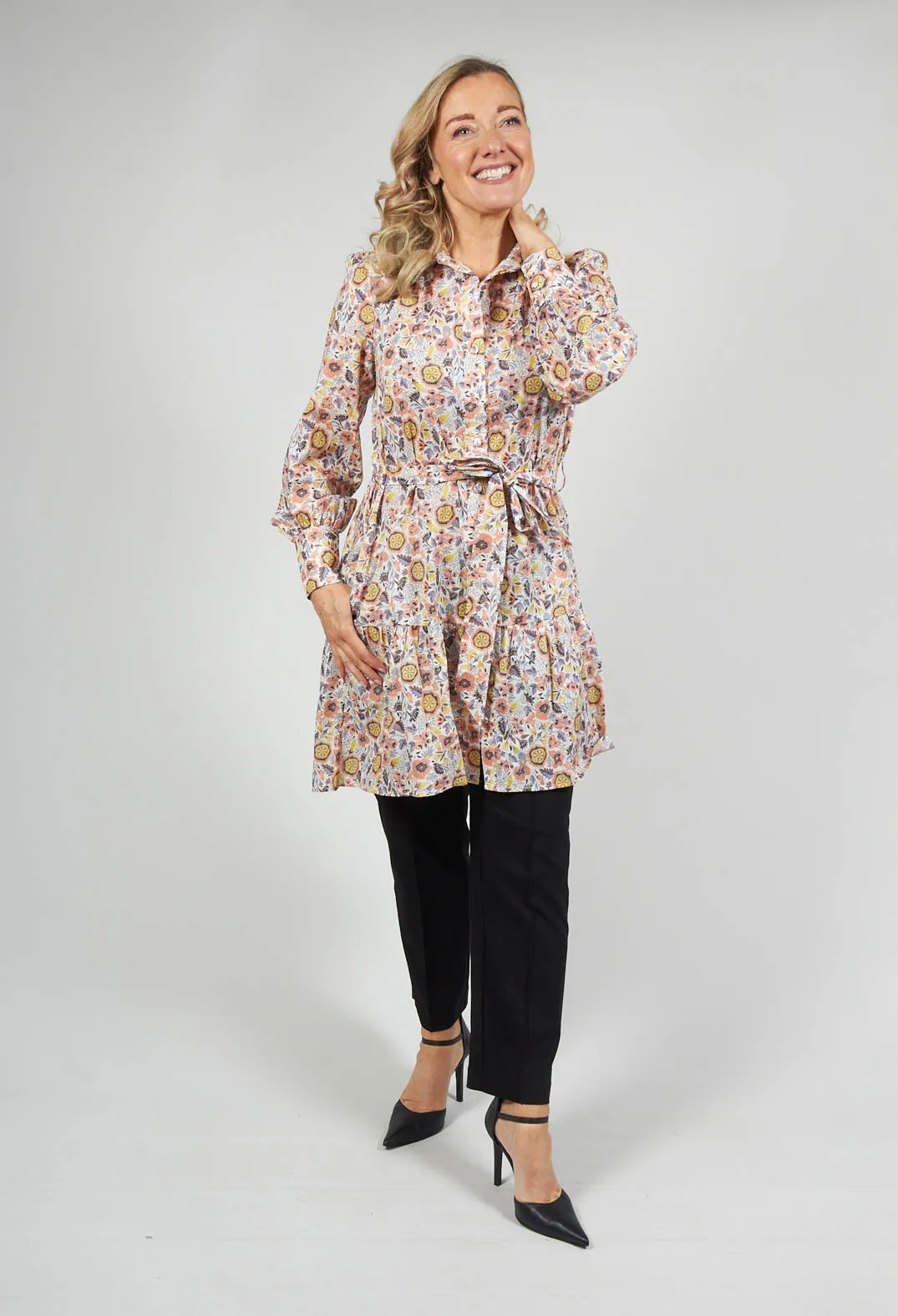 Belted Button Down Shirt Dress in Waterflower Pastel