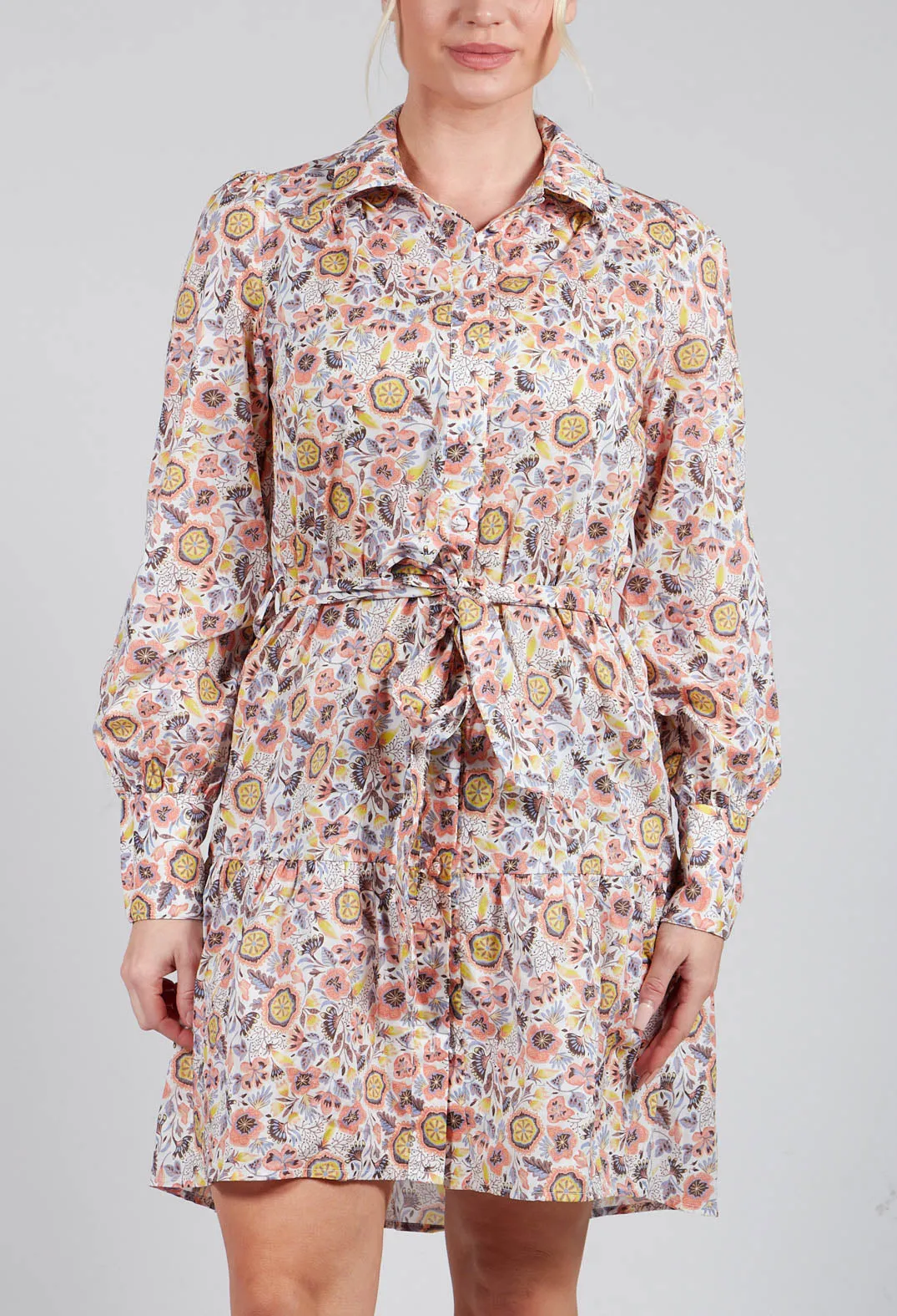 Belted Button Down Shirt Dress in Waterflower Pastel