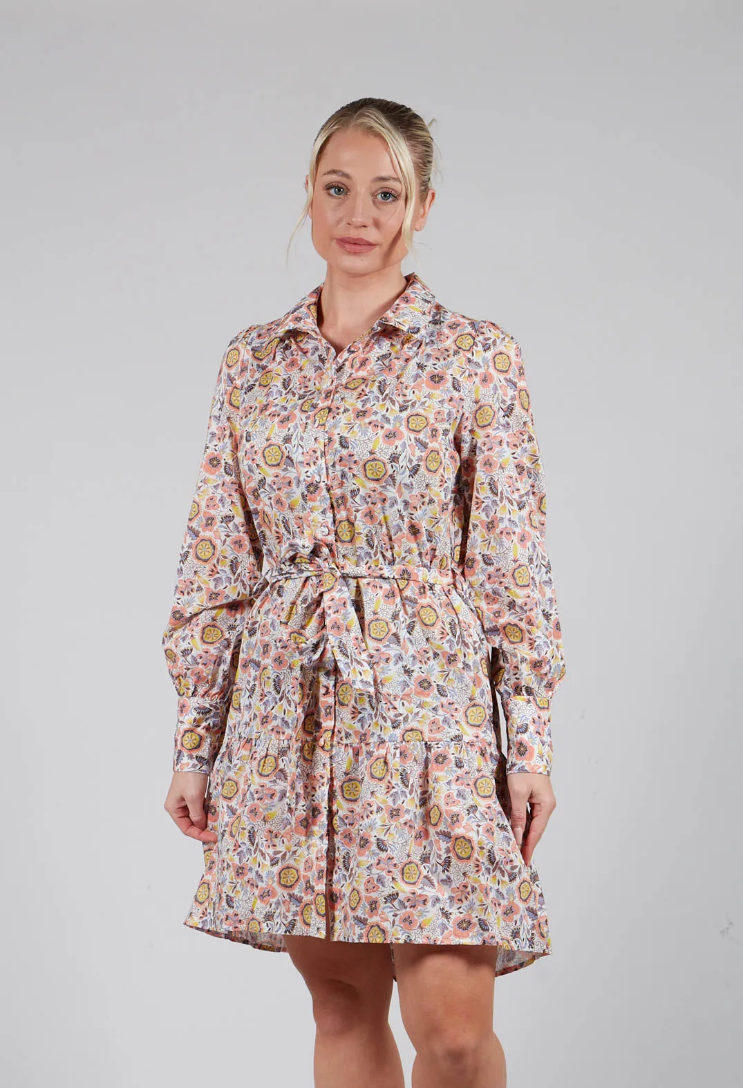 Belted Button Down Shirt Dress in Waterflower Pastel