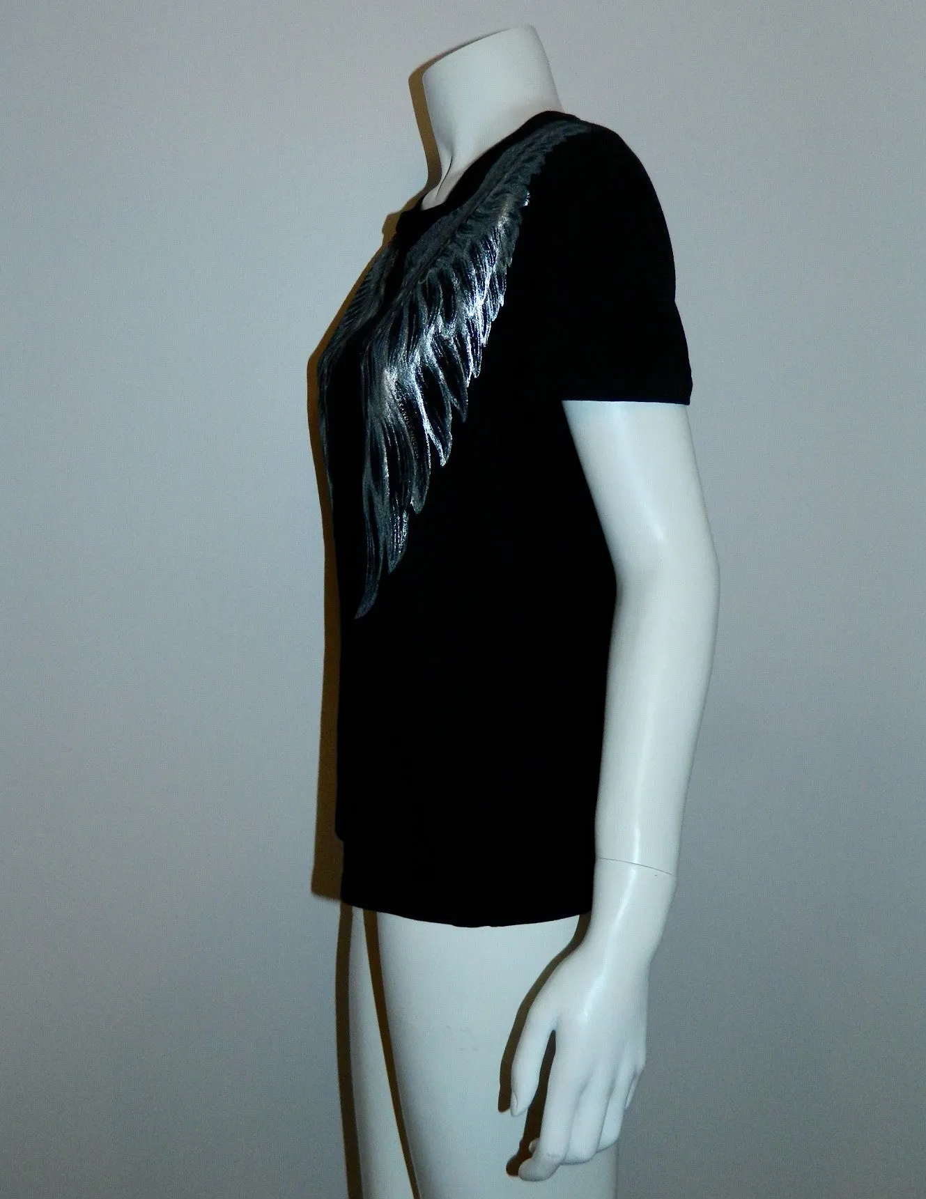 black Alexander McQueen angel wings tee shirt / silver metallic logo top 42/ US M