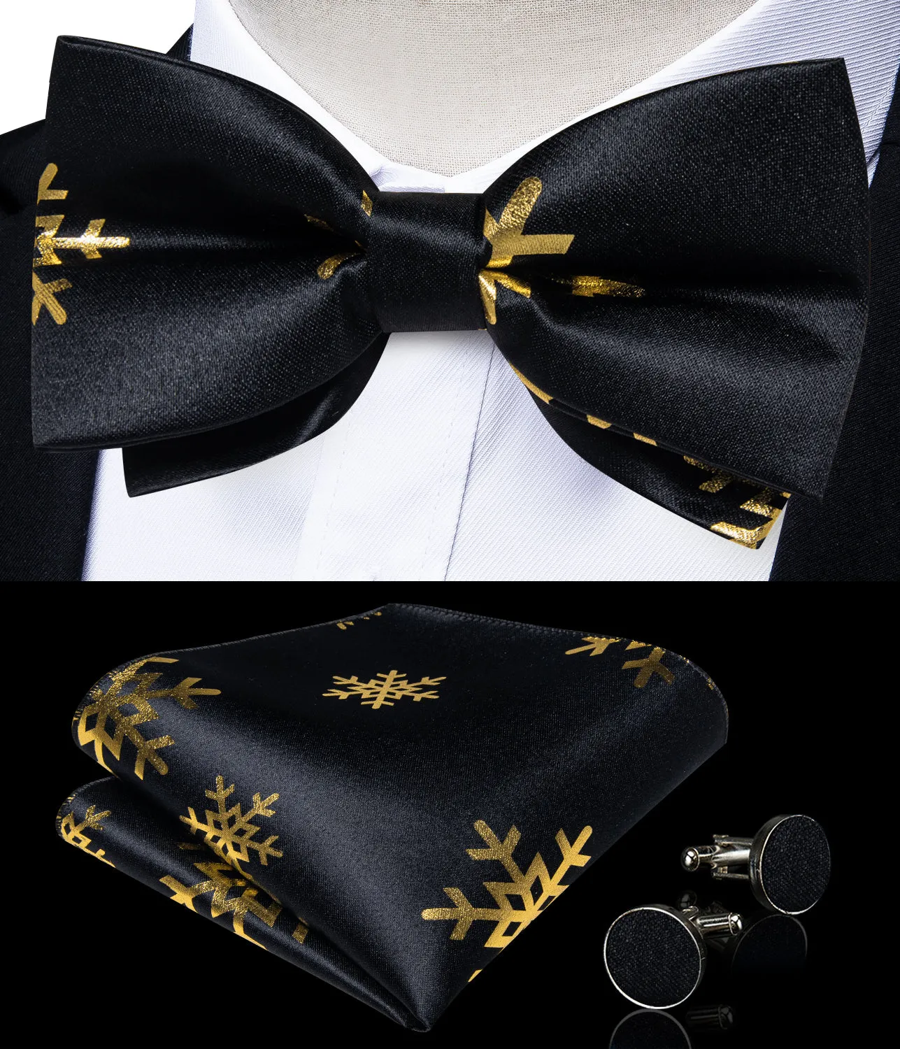 Black Golden Christmas Snowflake Novelty Silk Men's Vest Bow Tie Handkerchief Cufflinks Set