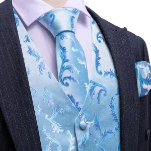 Blue Floral Silk Men's Vest Hanky Cufflinks Tie Set