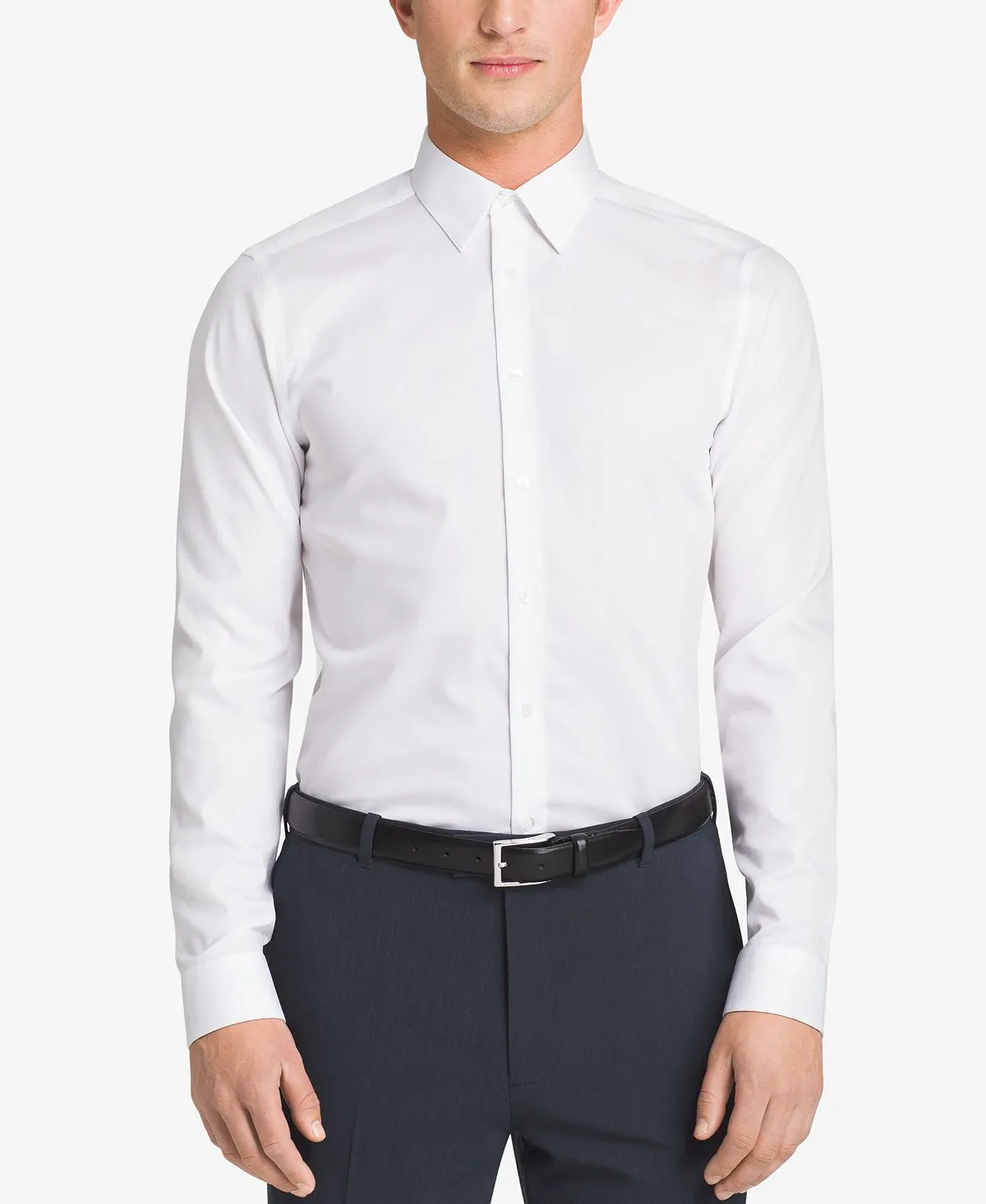 Calvin Klein Men's Slim Fit Non Iron Performance Herringbone Collar Dress Shirt, White
