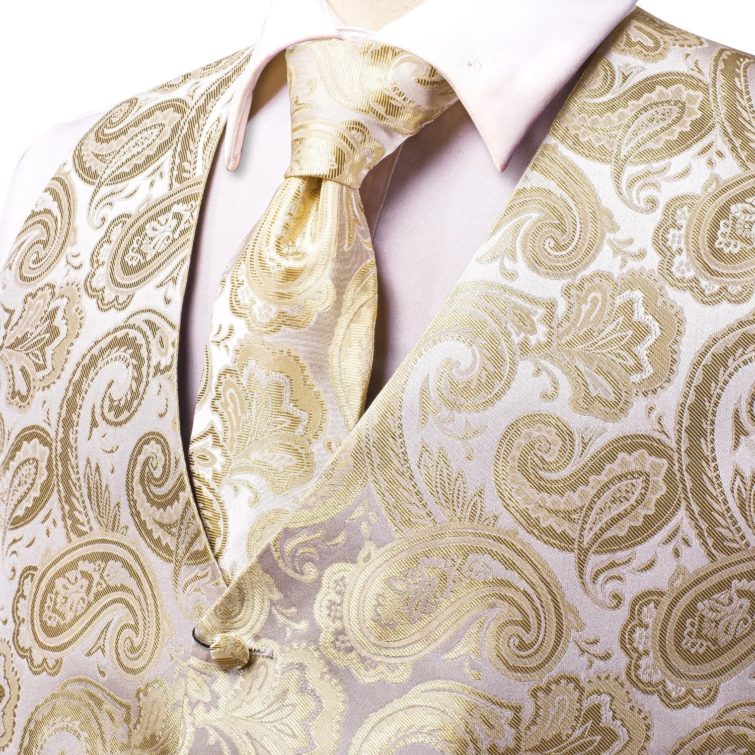 Champagne Beige Paisley Jacquard Silk Men's Vest Hanky Cufflinks Tie Set
