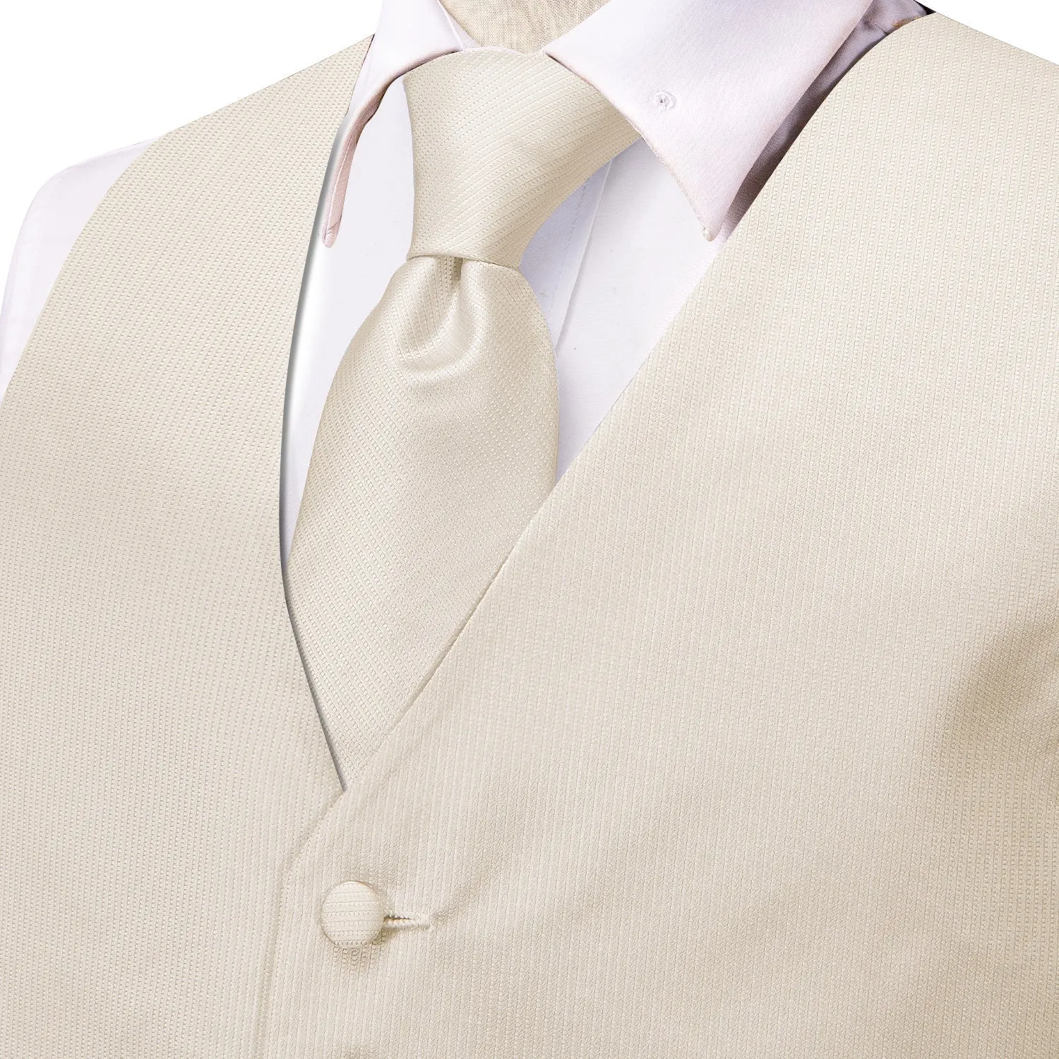 Cream White Plaid Jacquard Silk Men's Vest Hanky Cufflinks Tie Set
