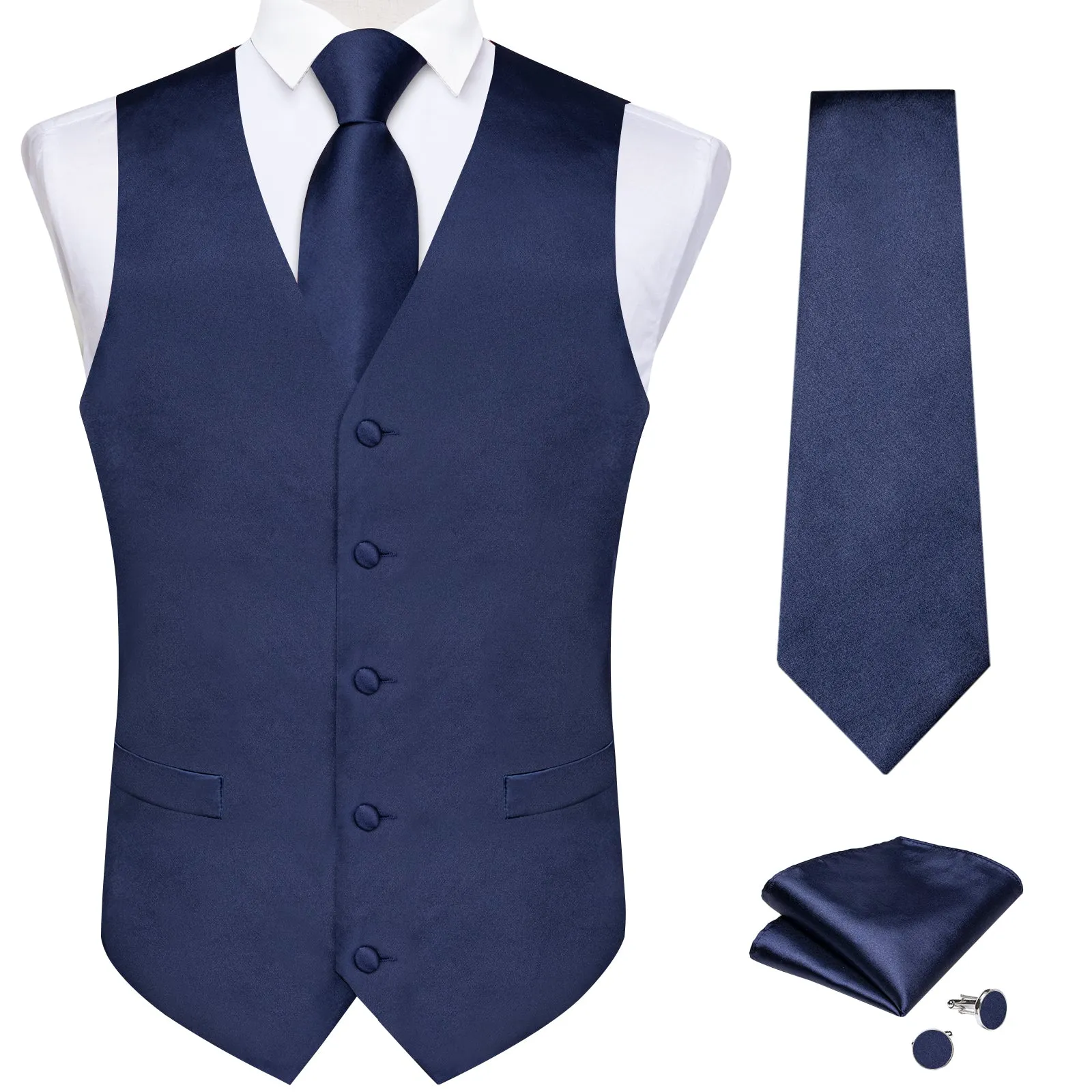 Dark Blue Solid Satin Men's Vest Tie Set