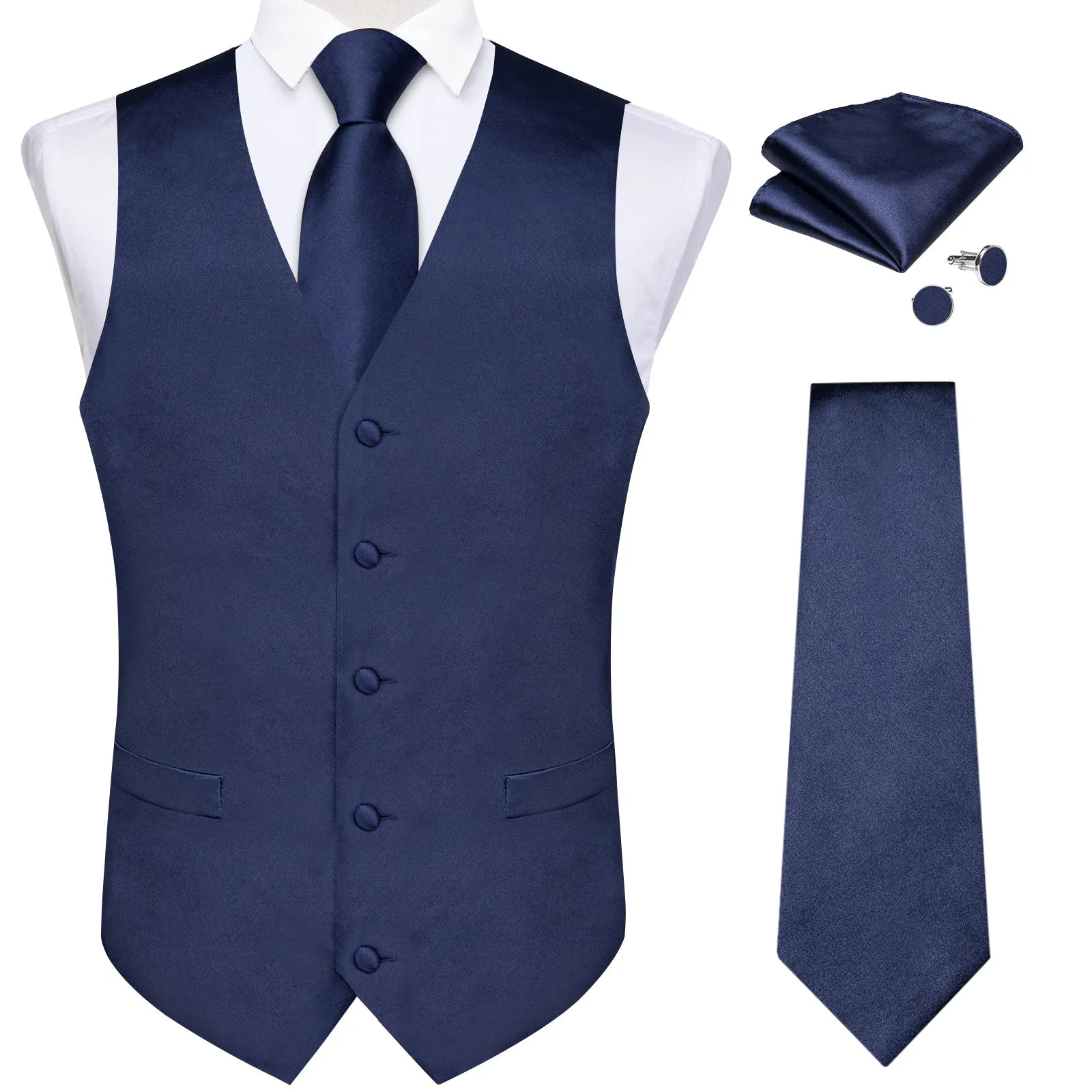 Dark Blue Solid Satin Men's Vest Tie Set