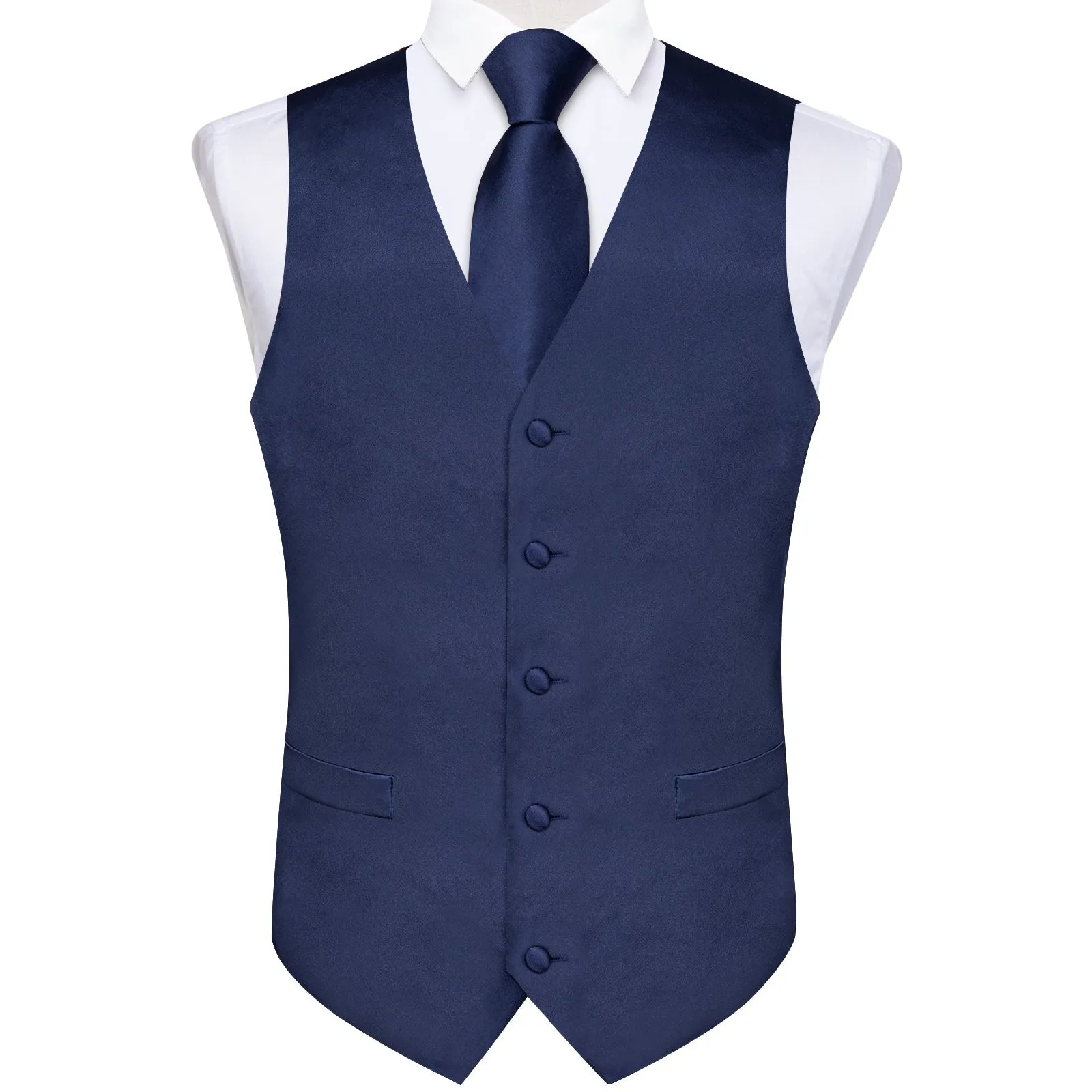 Dark Blue Solid Satin Men's Vest Tie Set