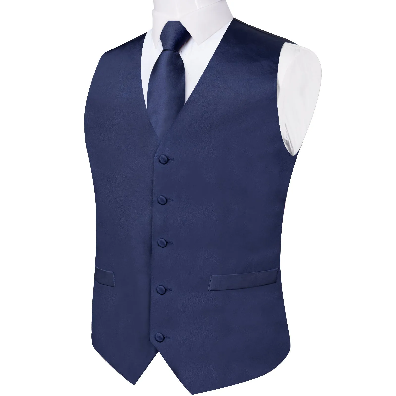 Dark Blue Solid Satin Men's Vest Tie Set