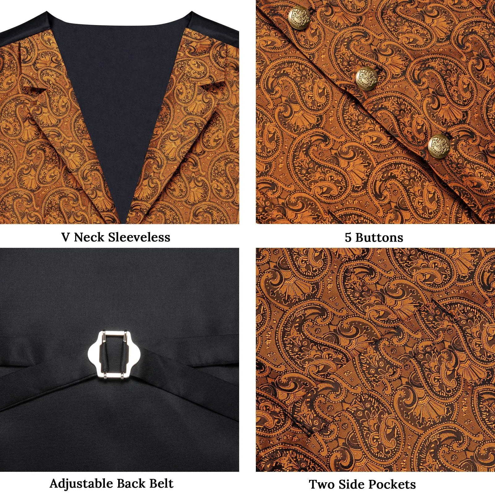 Golden Luxury Paisley Jacquard Men's Collar Vest Tie Hanky Cufflinks Suit Set
