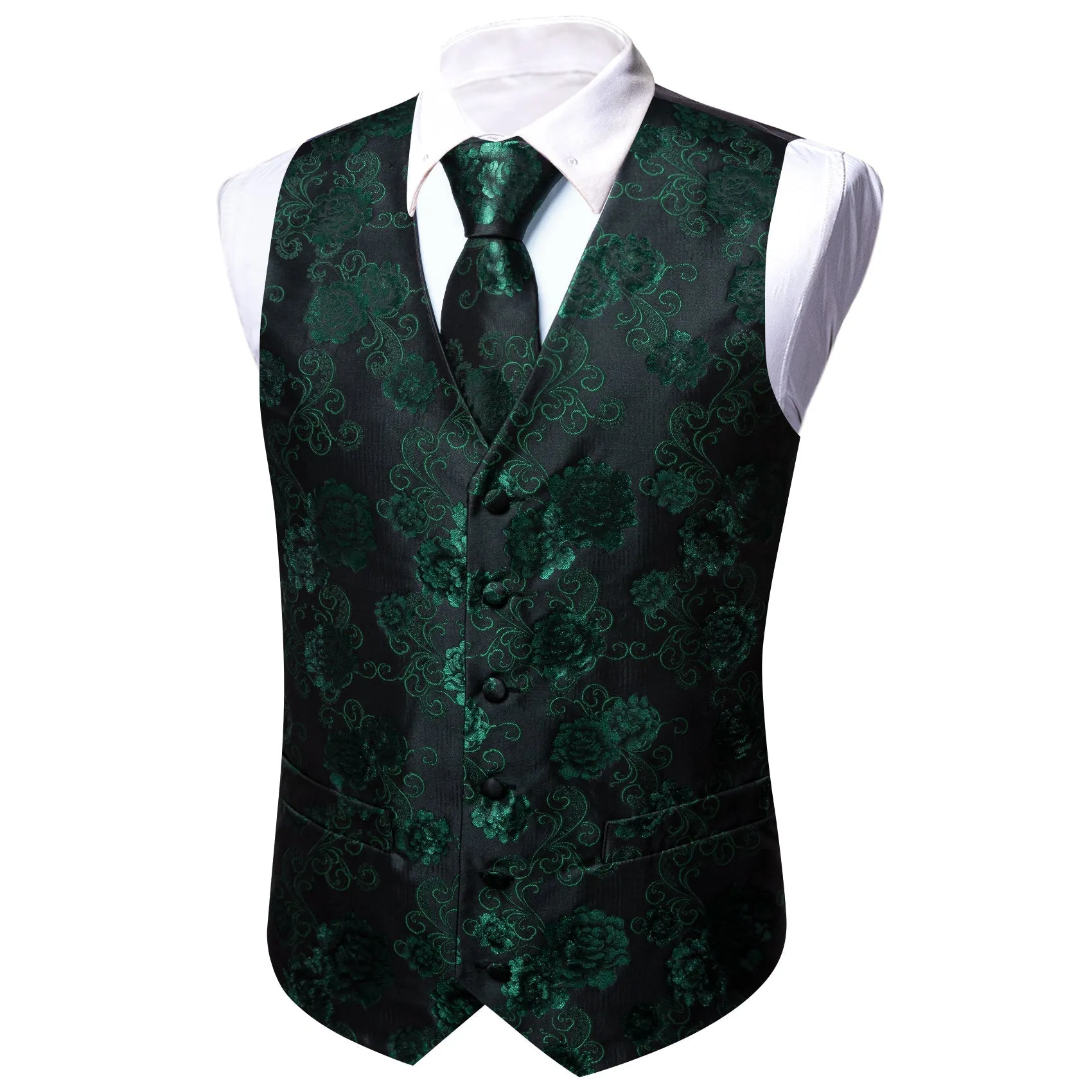 Green Black Floral Flower Silk Men's Vest Hanky Cufflinks Tie Set