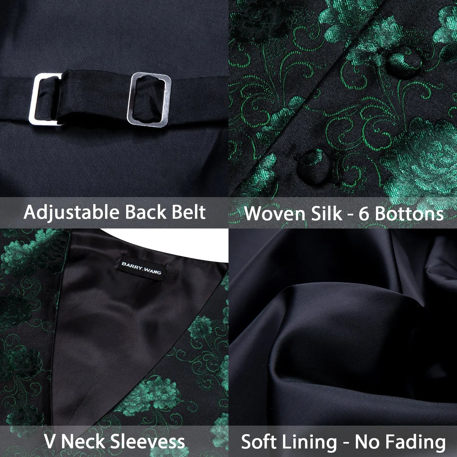 Green Black Floral Flower Silk Men's Vest Hanky Cufflinks Tie Set