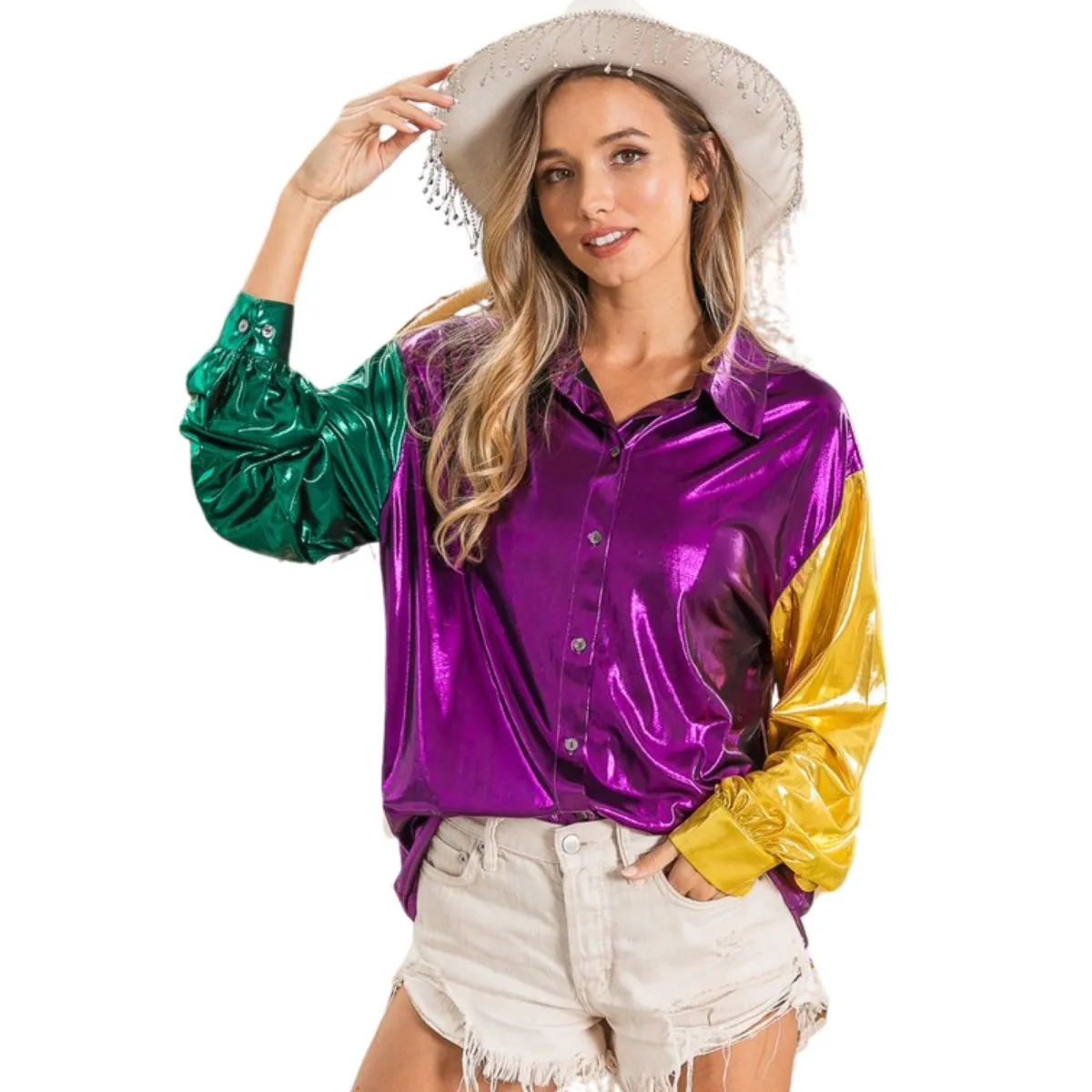 Mardi Gras Purple Metallic Silky Shirt Top