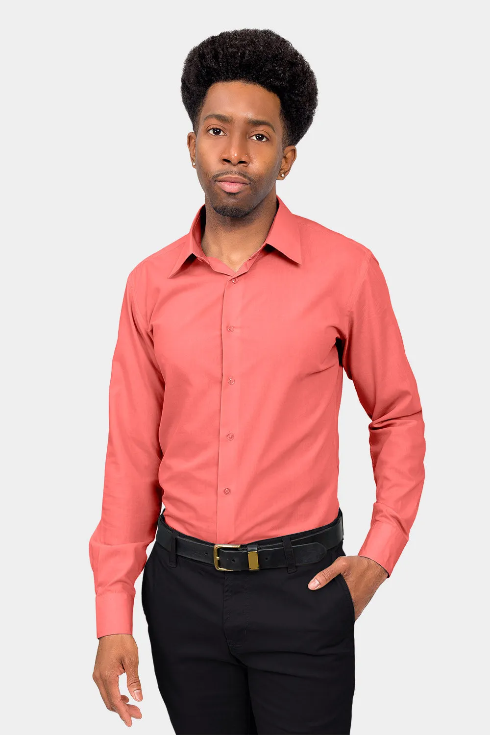 Men's Slim Fit Solid Color Dress Shirt (Coral)
