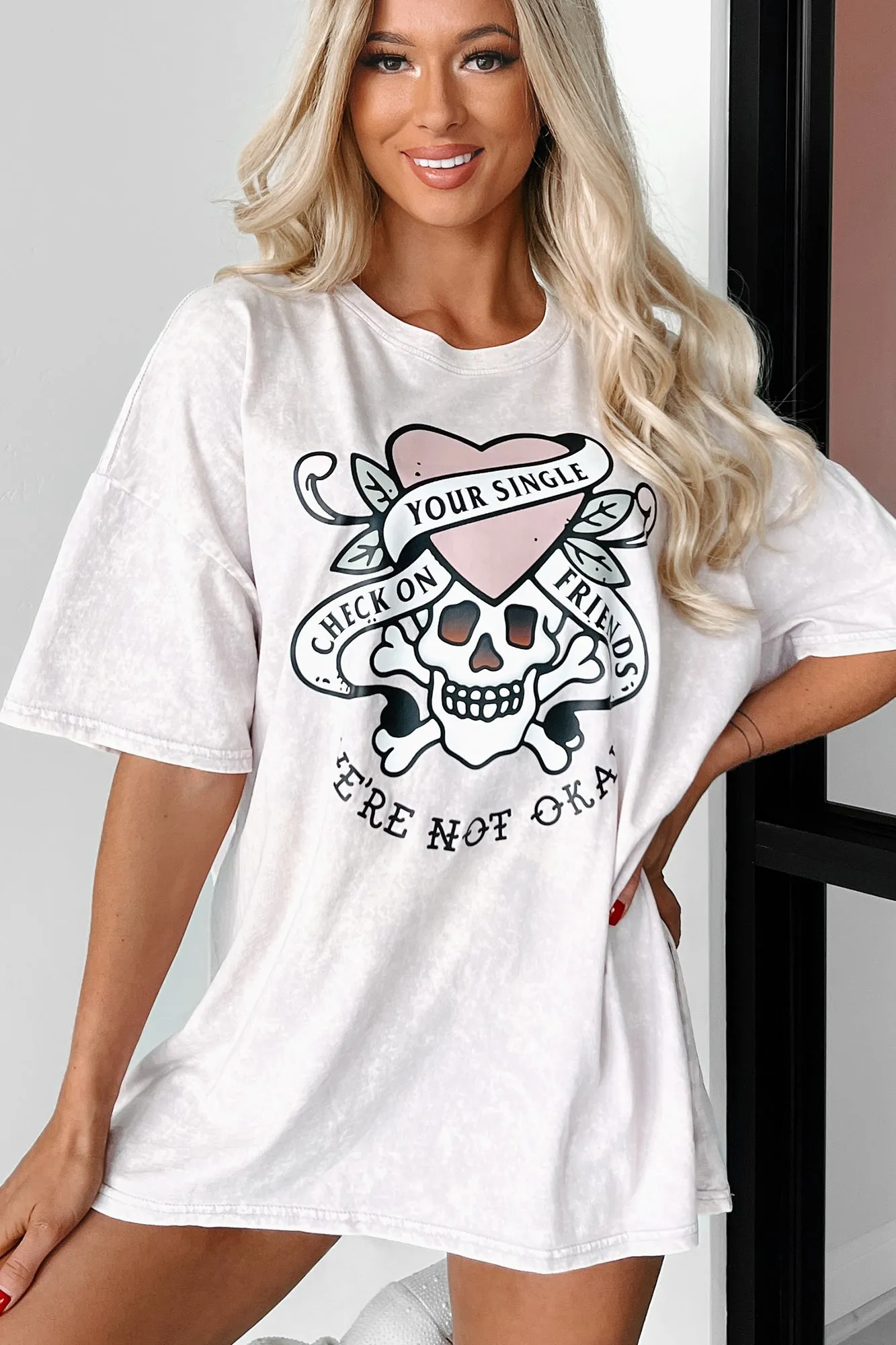"Check On Your Single Friends" Oversized Acid Wash Graphic T-Shirt (Pastel Violet) - Print On Demand