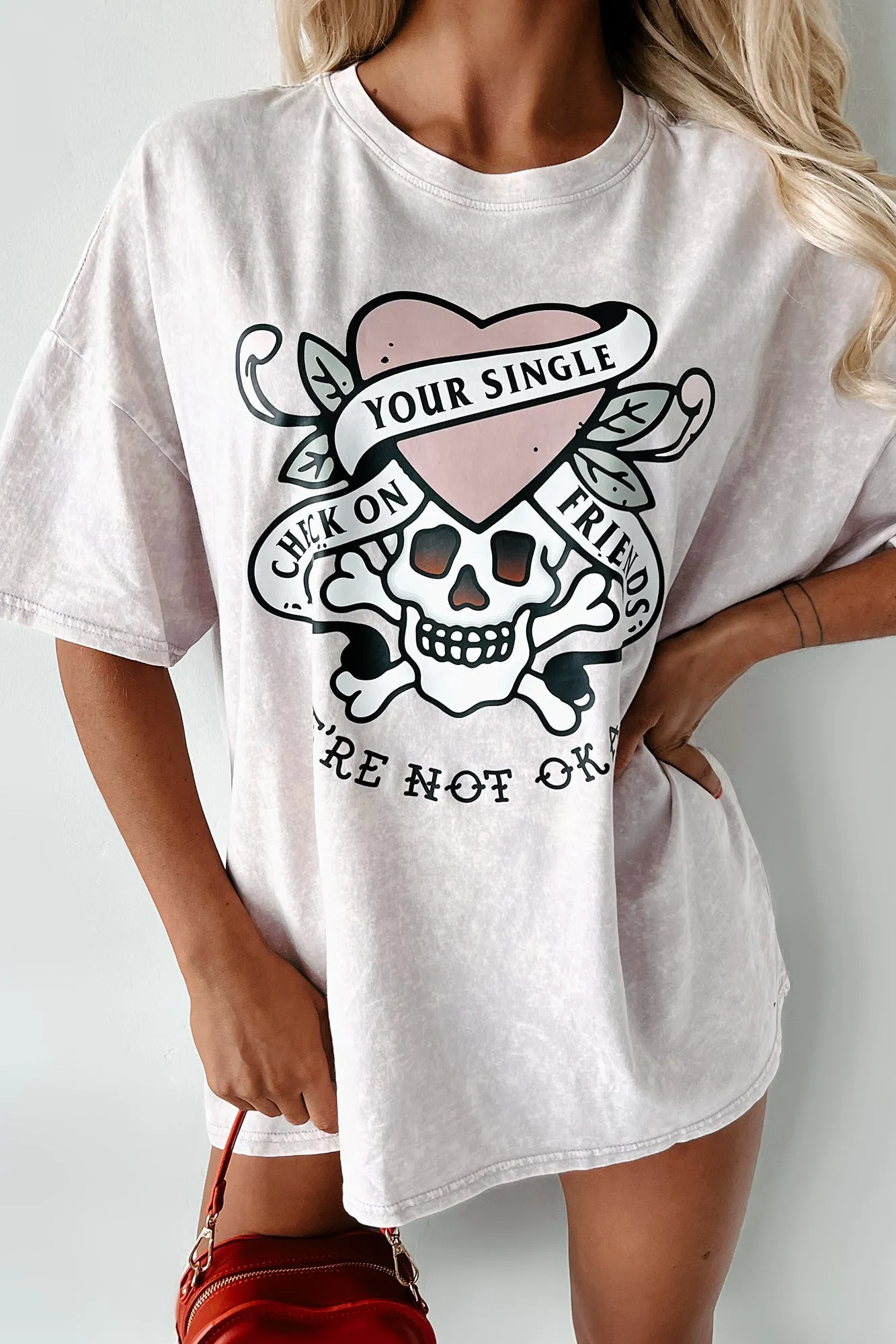 "Check On Your Single Friends" Oversized Acid Wash Graphic T-Shirt (Pastel Violet) - Print On Demand