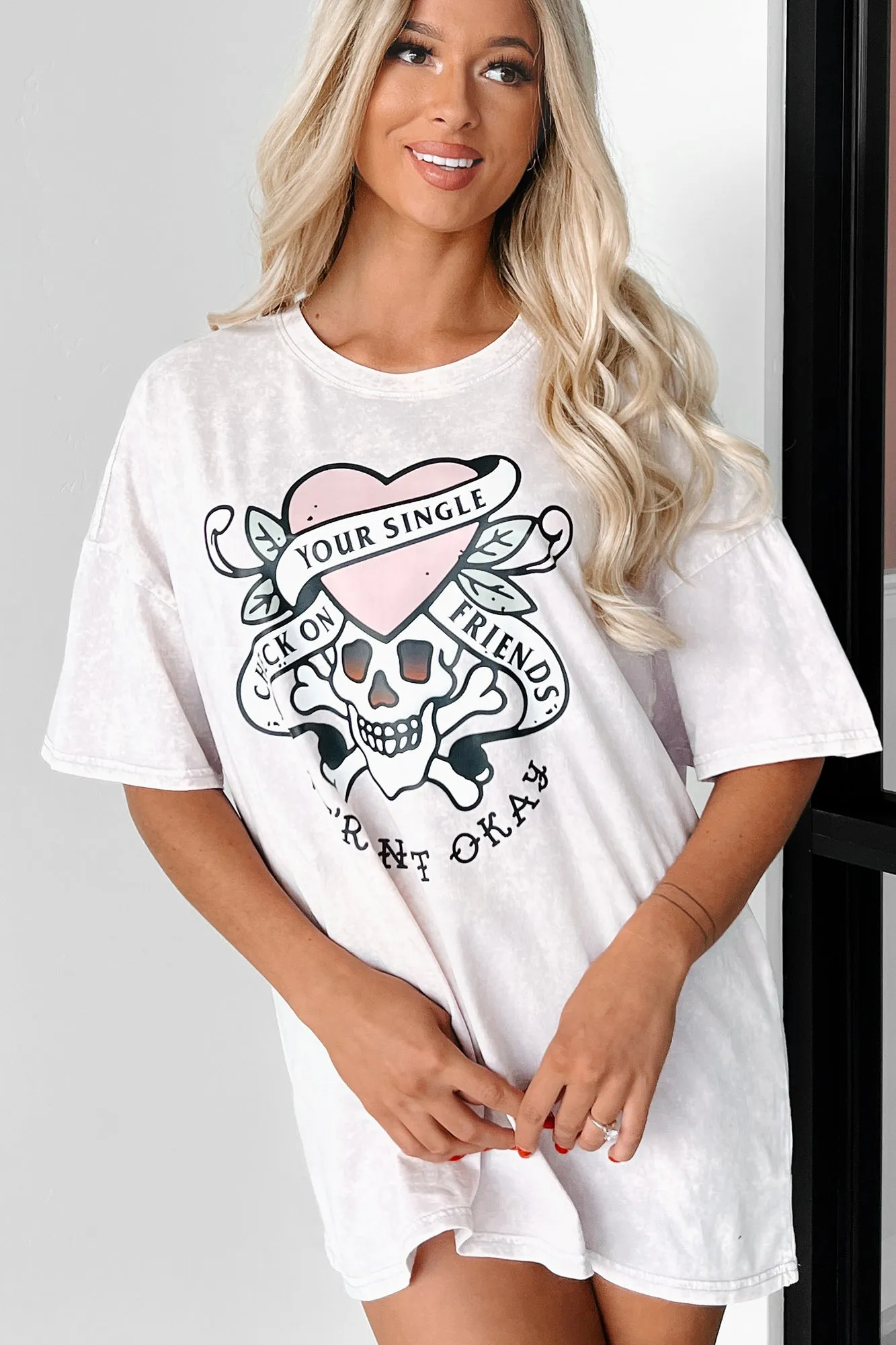 "Check On Your Single Friends" Oversized Acid Wash Graphic T-Shirt (Pastel Violet) - Print On Demand