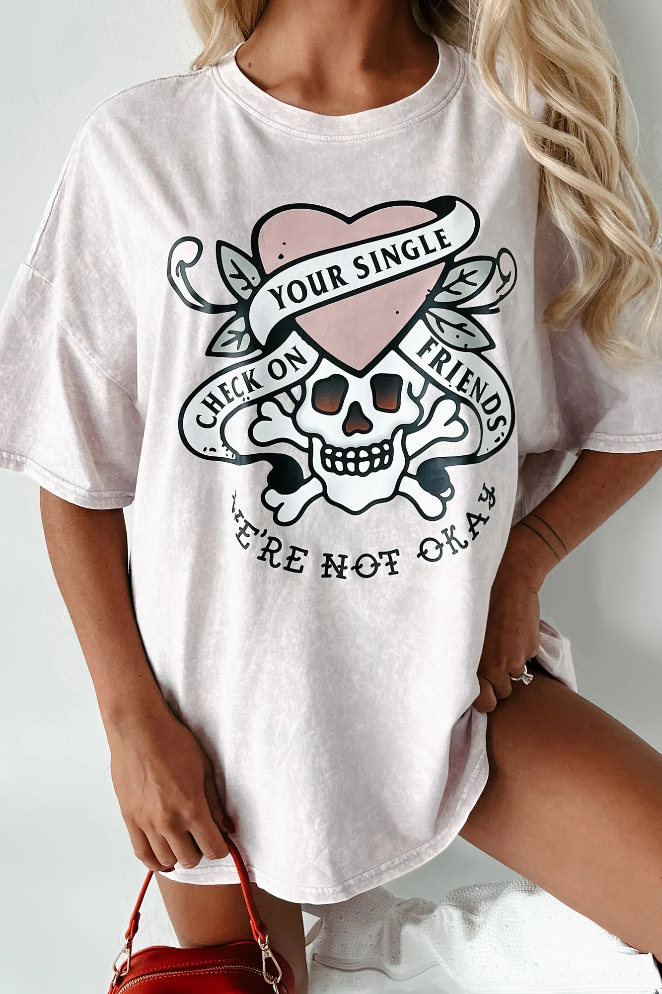 "Check On Your Single Friends" Oversized Acid Wash Graphic T-Shirt (Pastel Violet) - Print On Demand