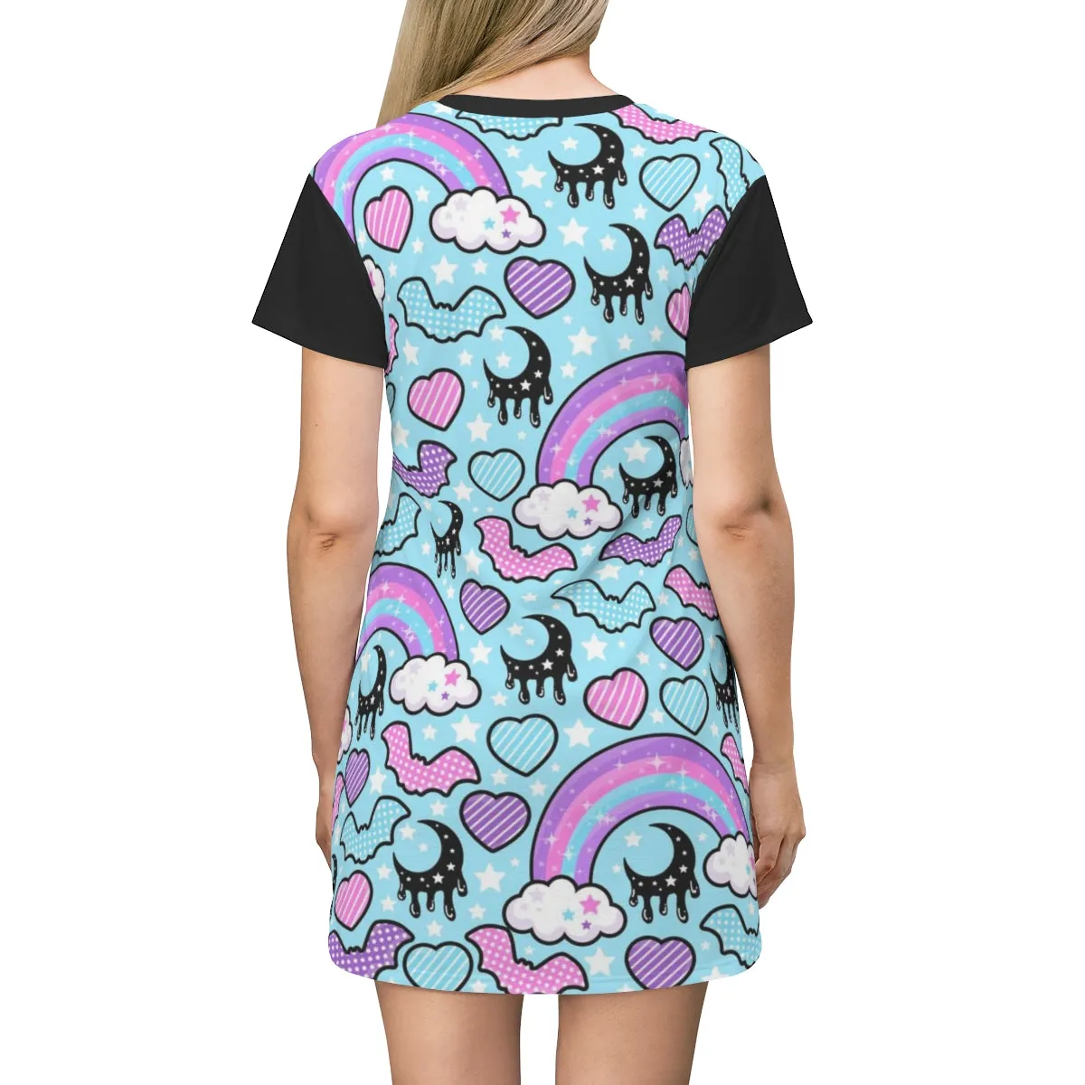 Rainbow Spooky Bats Blue All Over Print T-Shirt Mini Dress