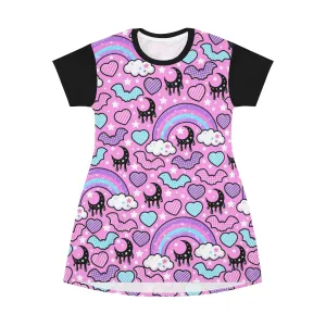 Rainbow Spooky Bats Pink All Over Print T-Shirt Mini Dress