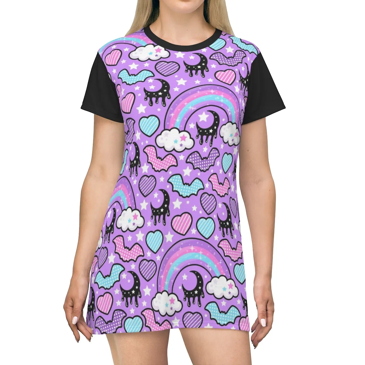 Rainbow Spooky Bats Purple All Over Print T-Shirt Mini Dress