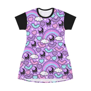 Rainbow Spooky Bats Purple All Over Print T-Shirt Mini Dress
