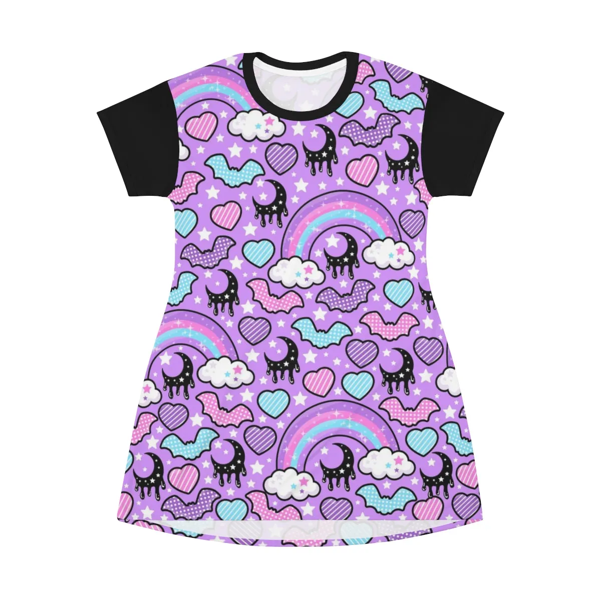Rainbow Spooky Bats Purple All Over Print T-Shirt Mini Dress