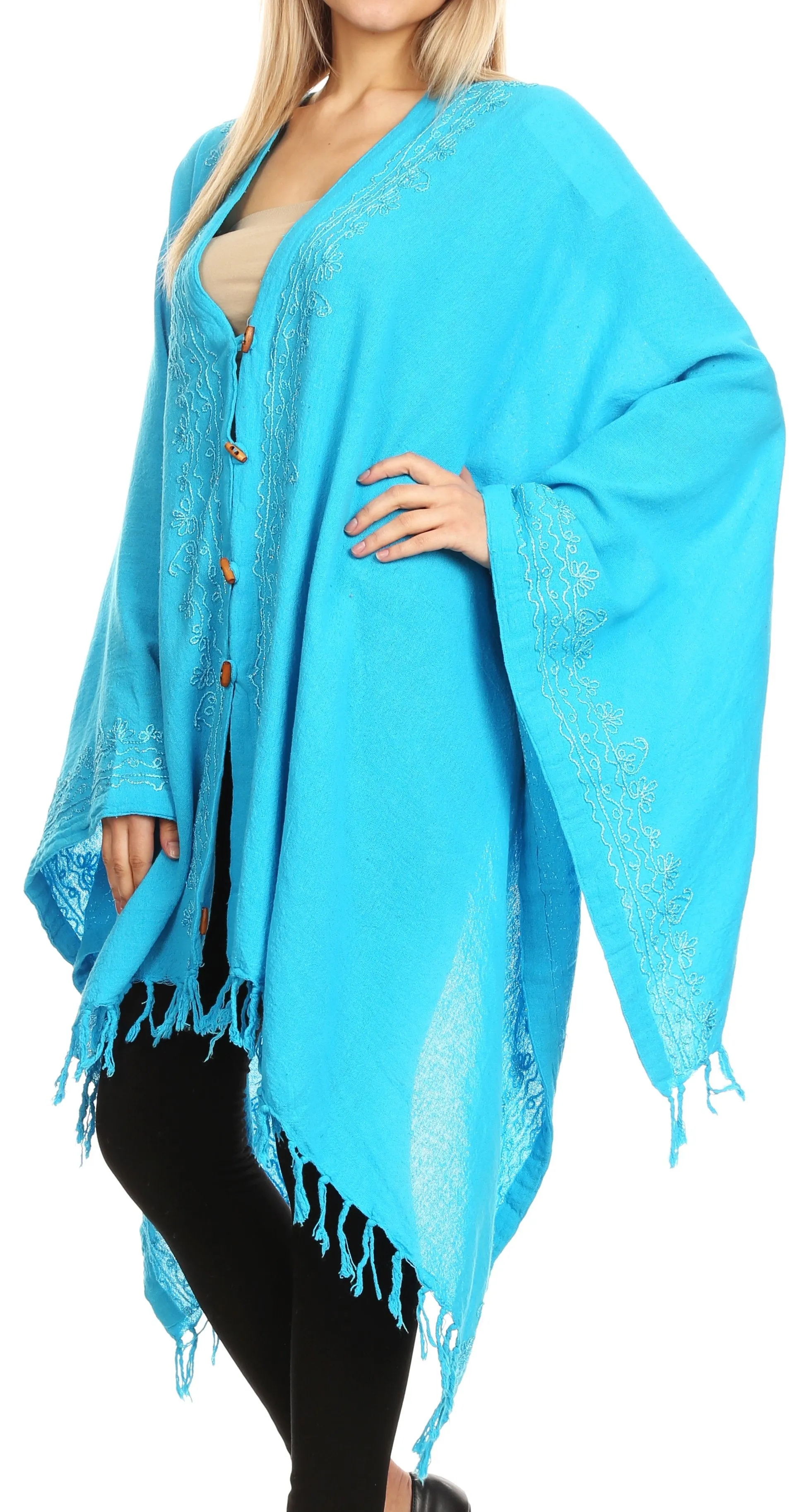 Sakkas Anais Women's Caftan Poncho Top Casual Oversized Solid Comes w/Fringe Boho