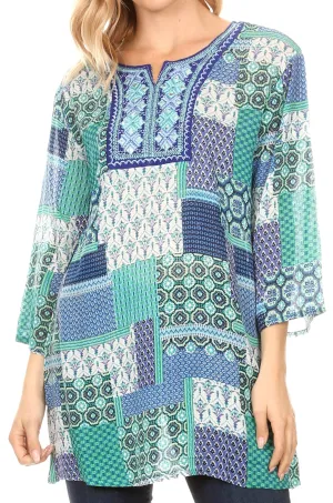 Sakkas Matia Women's Casual Summer Cotton Long Sleeve Print Loose Tunic Top Blouse Sakkas Matia Women's Casual Summer Cotton Long Sleeve Print Loose Tunic Top Blouse