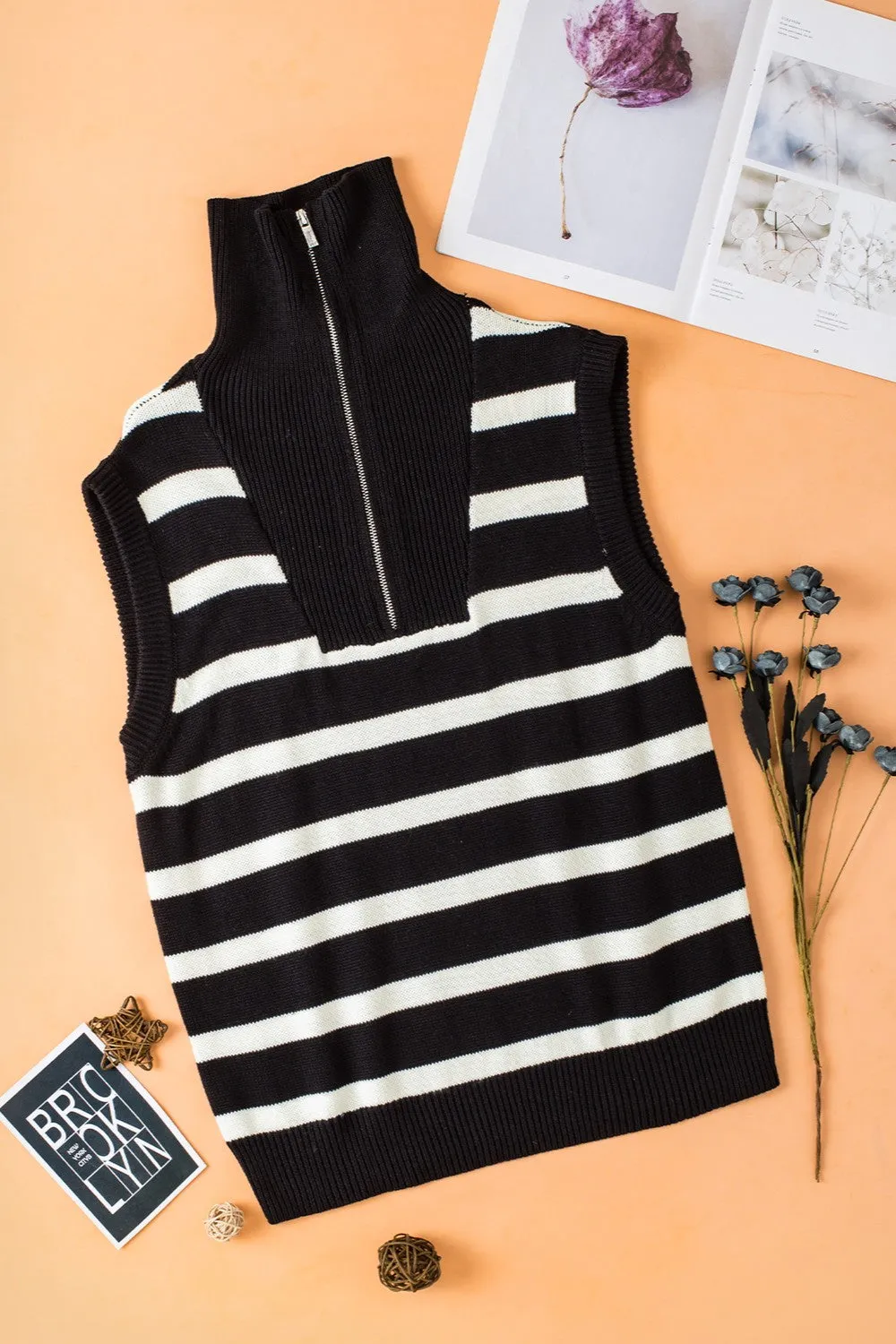 TEEK - Black White Striped Half Zip Sweater Vest