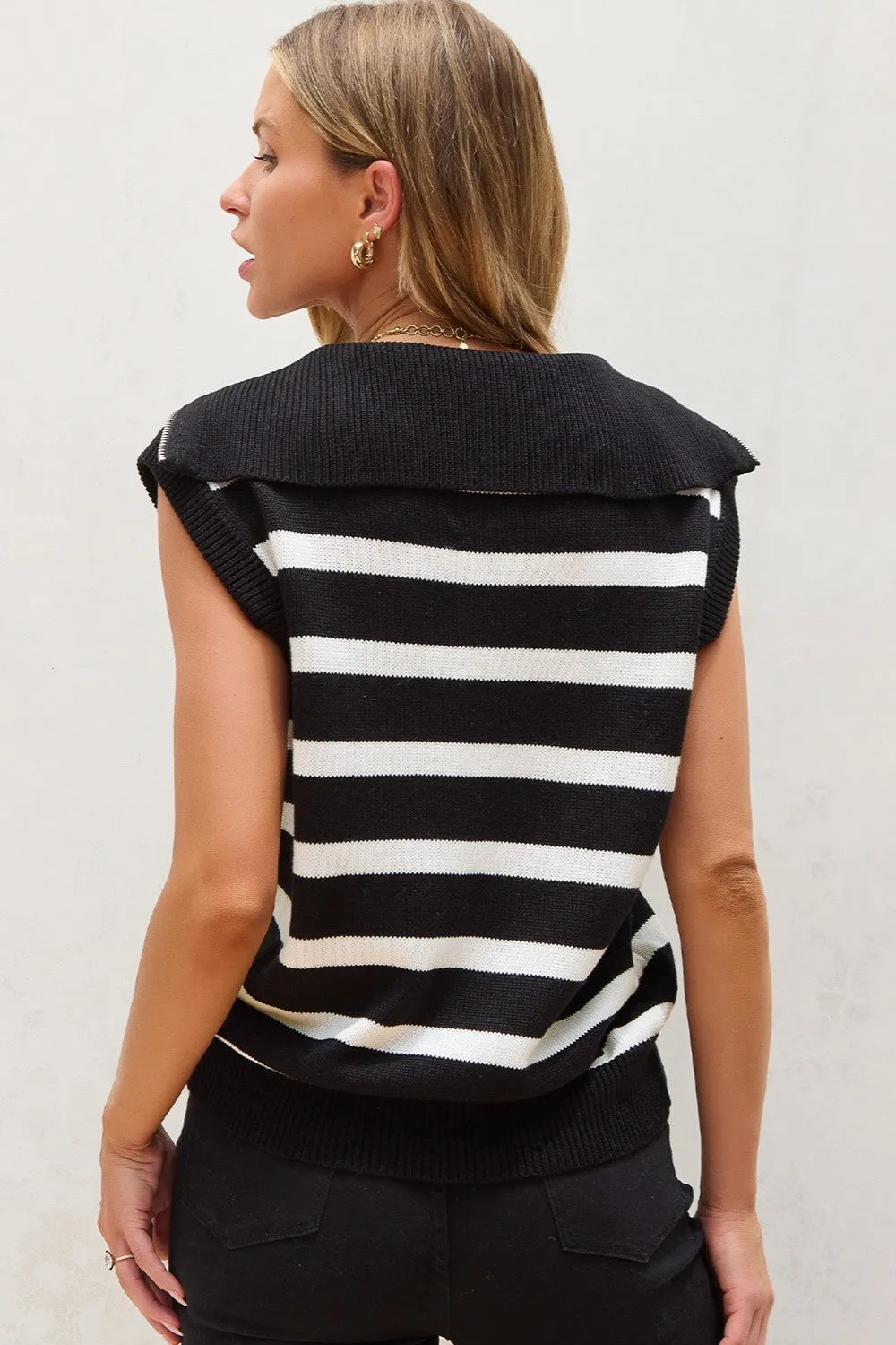 TEEK - Black White Striped Half Zip Sweater Vest