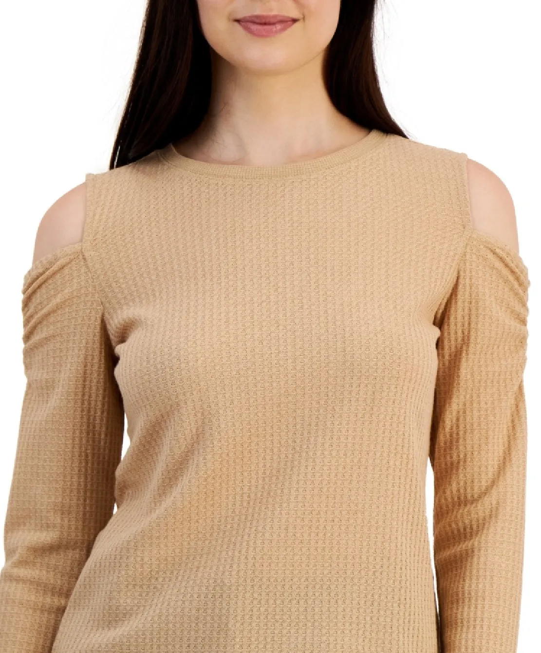 Tommy Hilfiger Women's Metallic Waffled Cold Shoulder Shirt Brown
