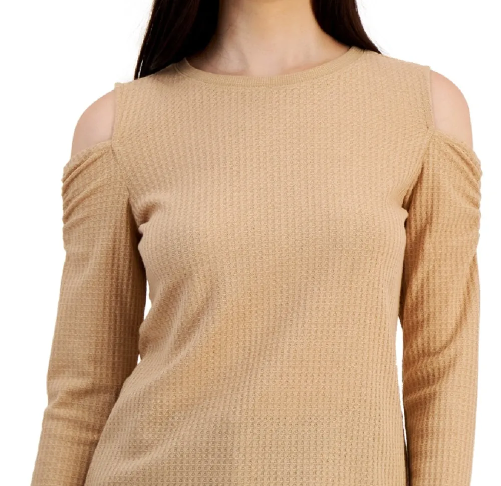 Tommy Hilfiger Women's Metallic Waffled Cold Shoulder Shirt Brown