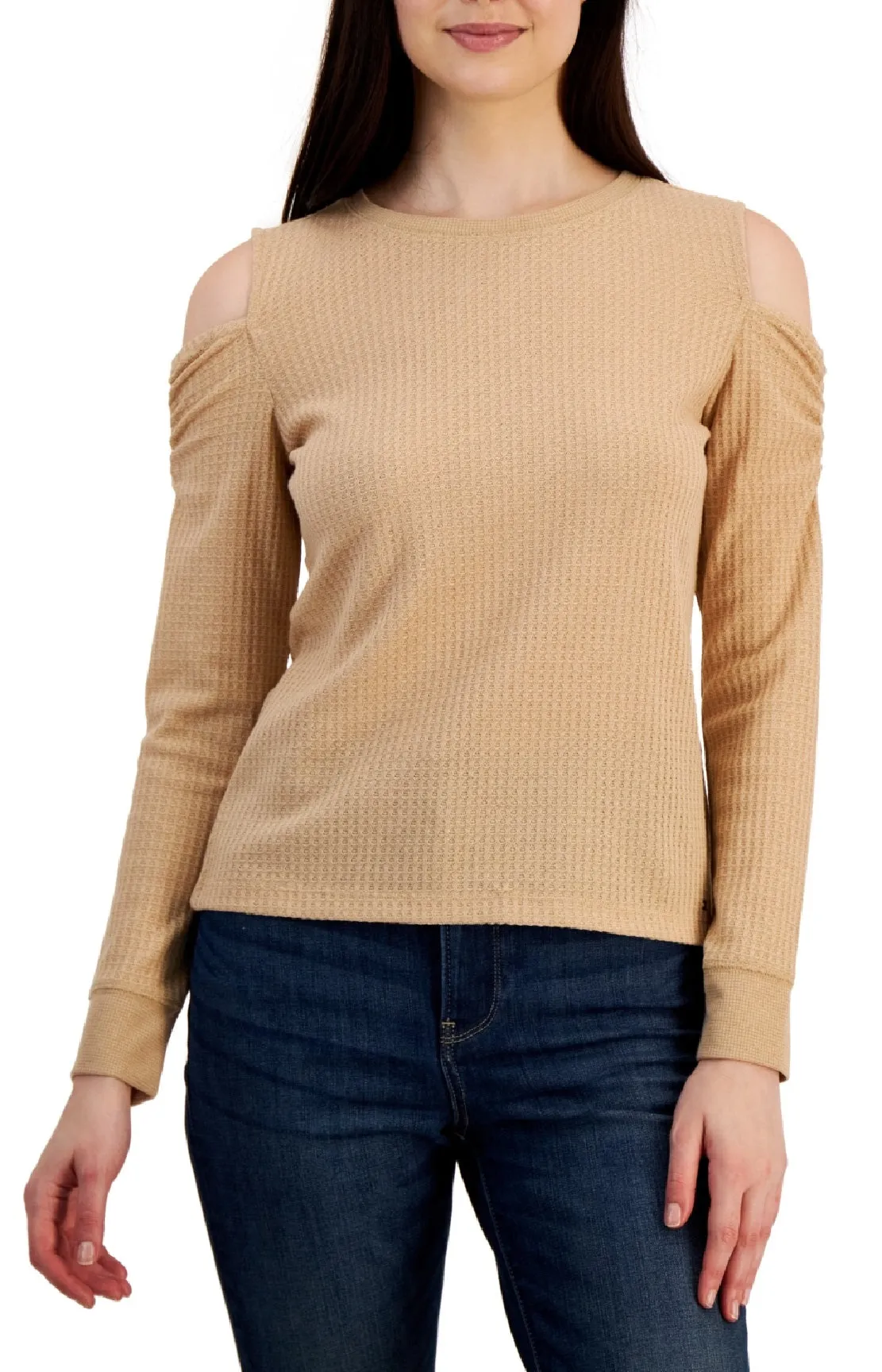 Tommy Hilfiger Women's Metallic Waffled Cold Shoulder Shirt Brown