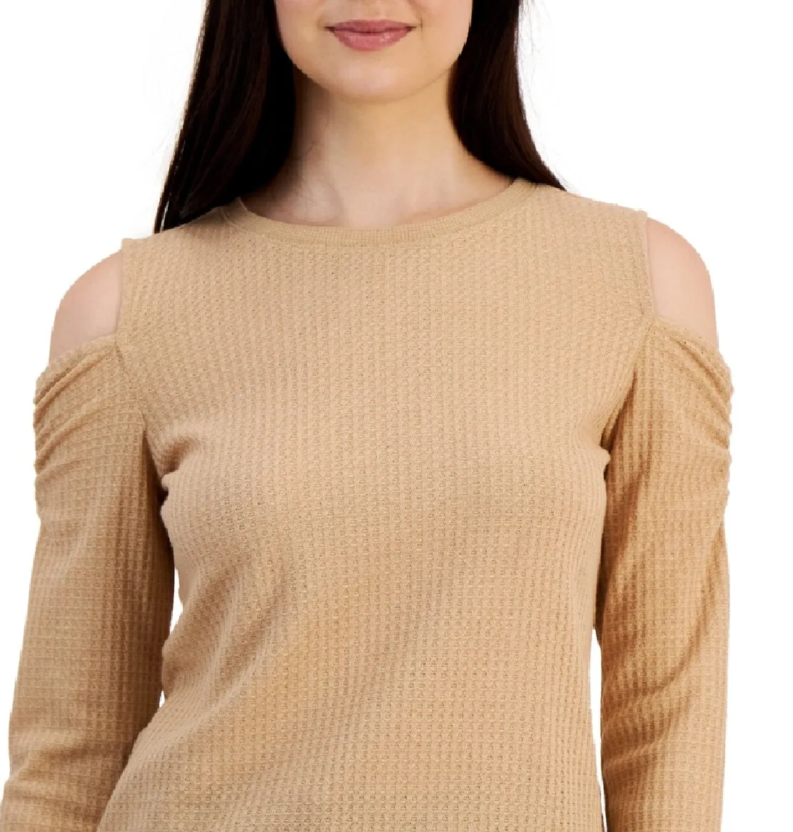 Tommy Hilfiger Women's Metallic Waffled Cold Shoulder Shirt Brown