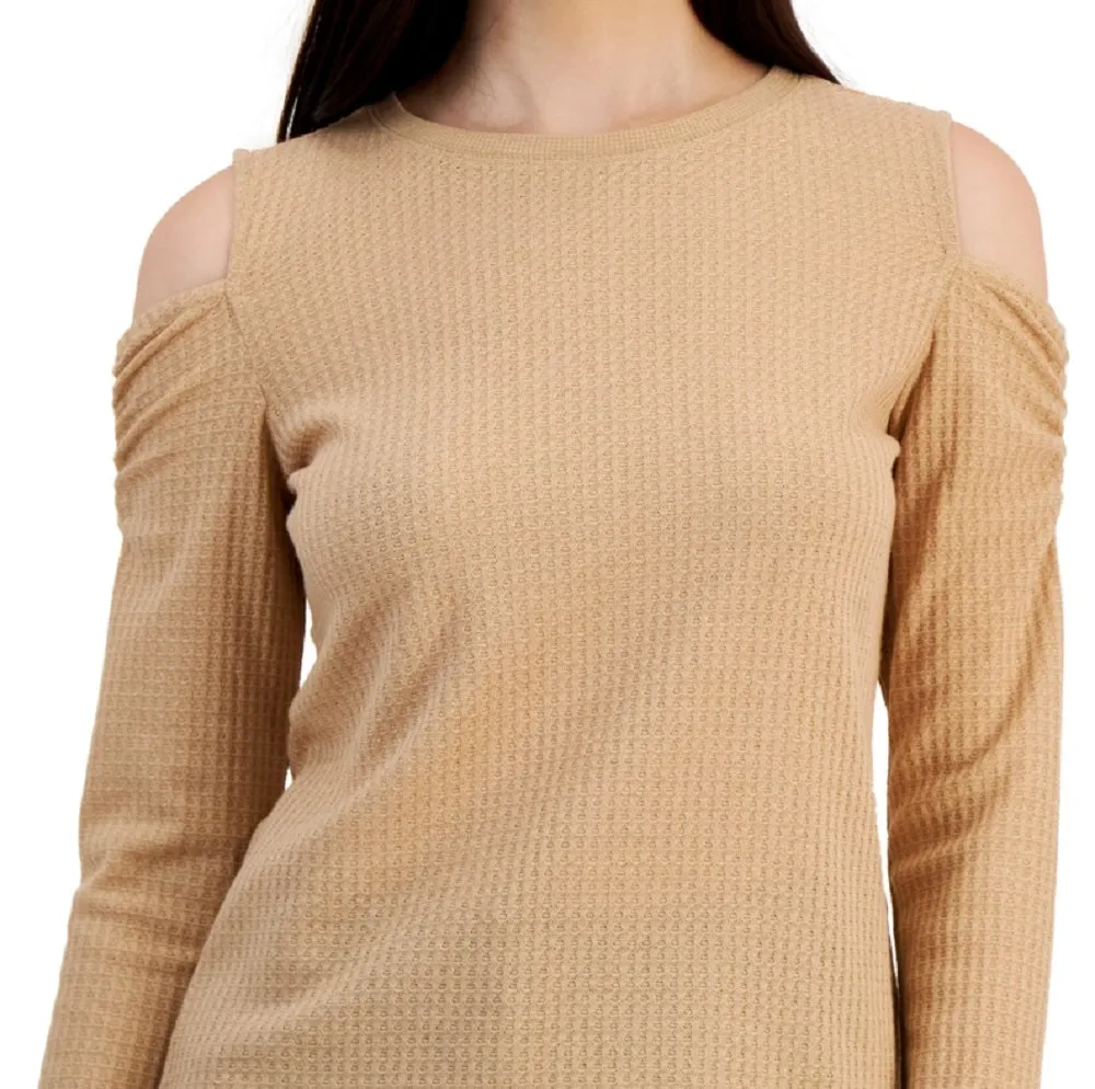 Tommy Hilfiger Women's Metallic Waffled Cold Shoulder Shirt Brown