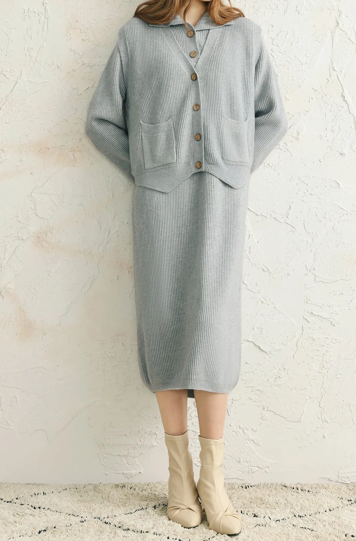 Two-Piece Set: V-Neck Irregular Hem Knit Vest   High Neck Long Shift Knit Dress