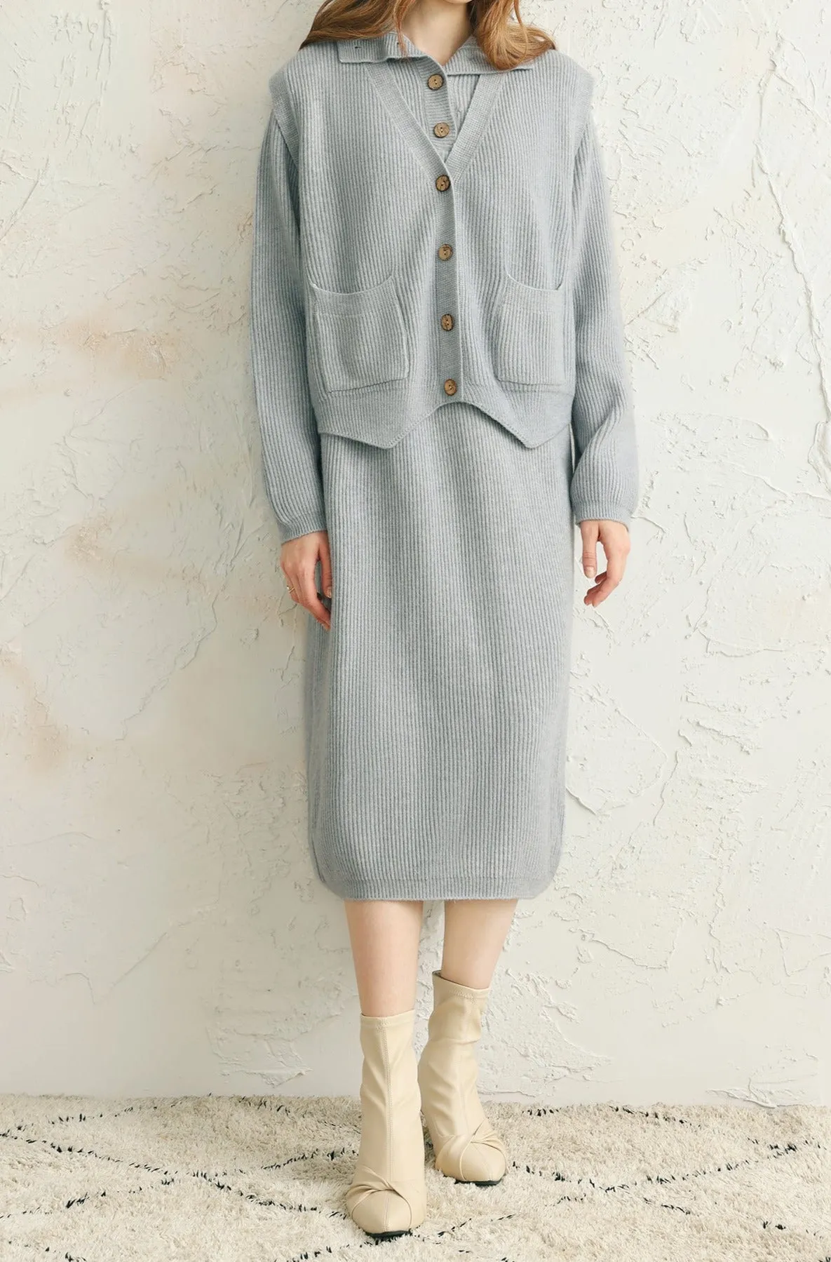Two-Piece Set: V-Neck Irregular Hem Knit Vest   High Neck Long Shift Knit Dress