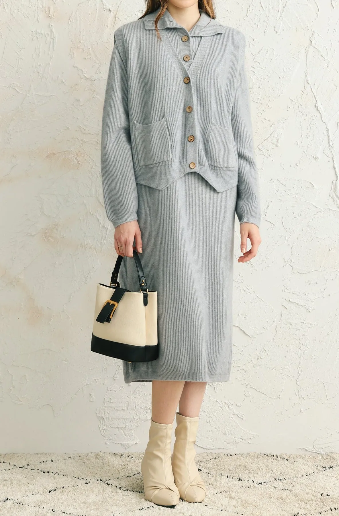 Two-Piece Set: V-Neck Irregular Hem Knit Vest   High Neck Long Shift Knit Dress