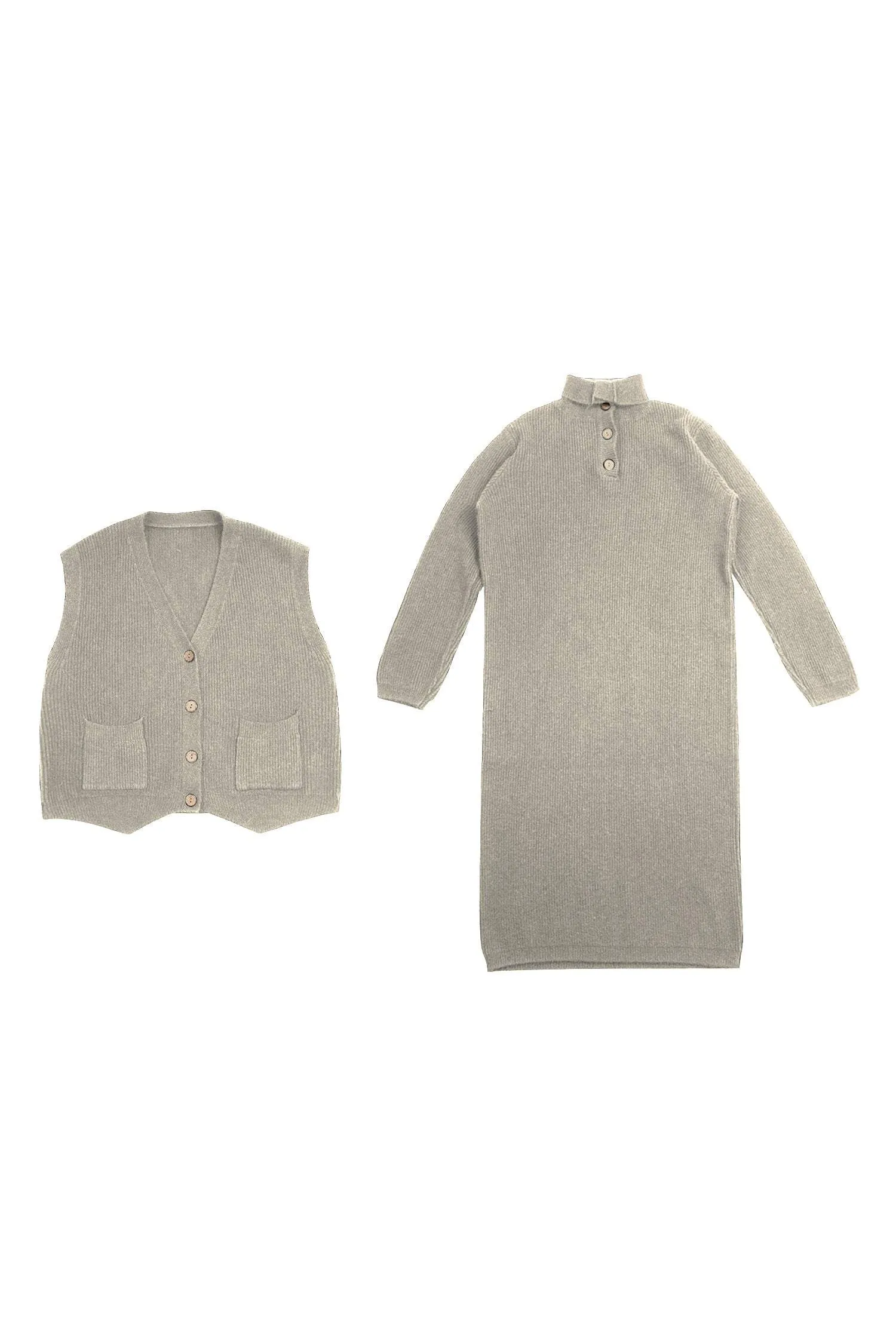 Two-Piece Set: V-Neck Irregular Hem Knit Vest   High Neck Long Shift Knit Dress