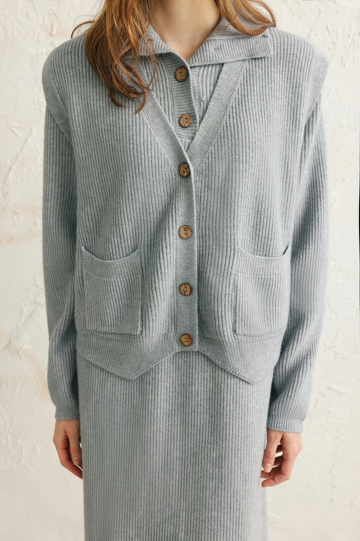 Two-Piece Set: V-Neck Irregular Hem Knit Vest   High Neck Long Shift Knit Dress