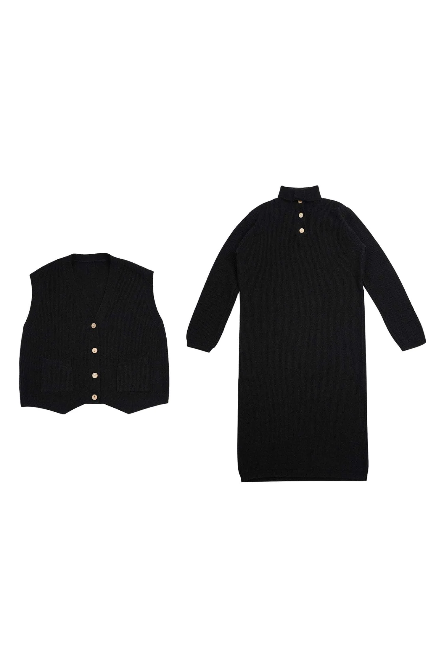 Two-Piece Set: V-Neck Irregular Hem Knit Vest   High Neck Long Shift Knit Dress