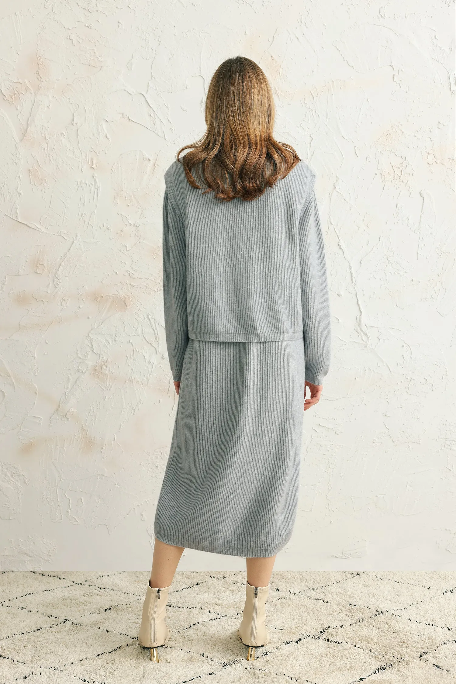 Two-Piece Set: V-Neck Irregular Hem Knit Vest   High Neck Long Shift Knit Dress